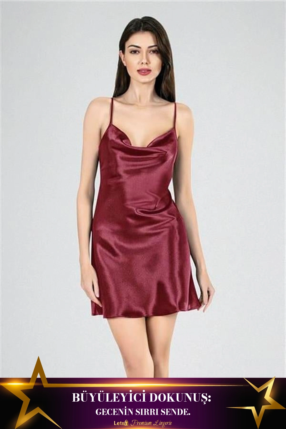 Kısa Saten Degaje Yaka Gecelik Bordo Renk