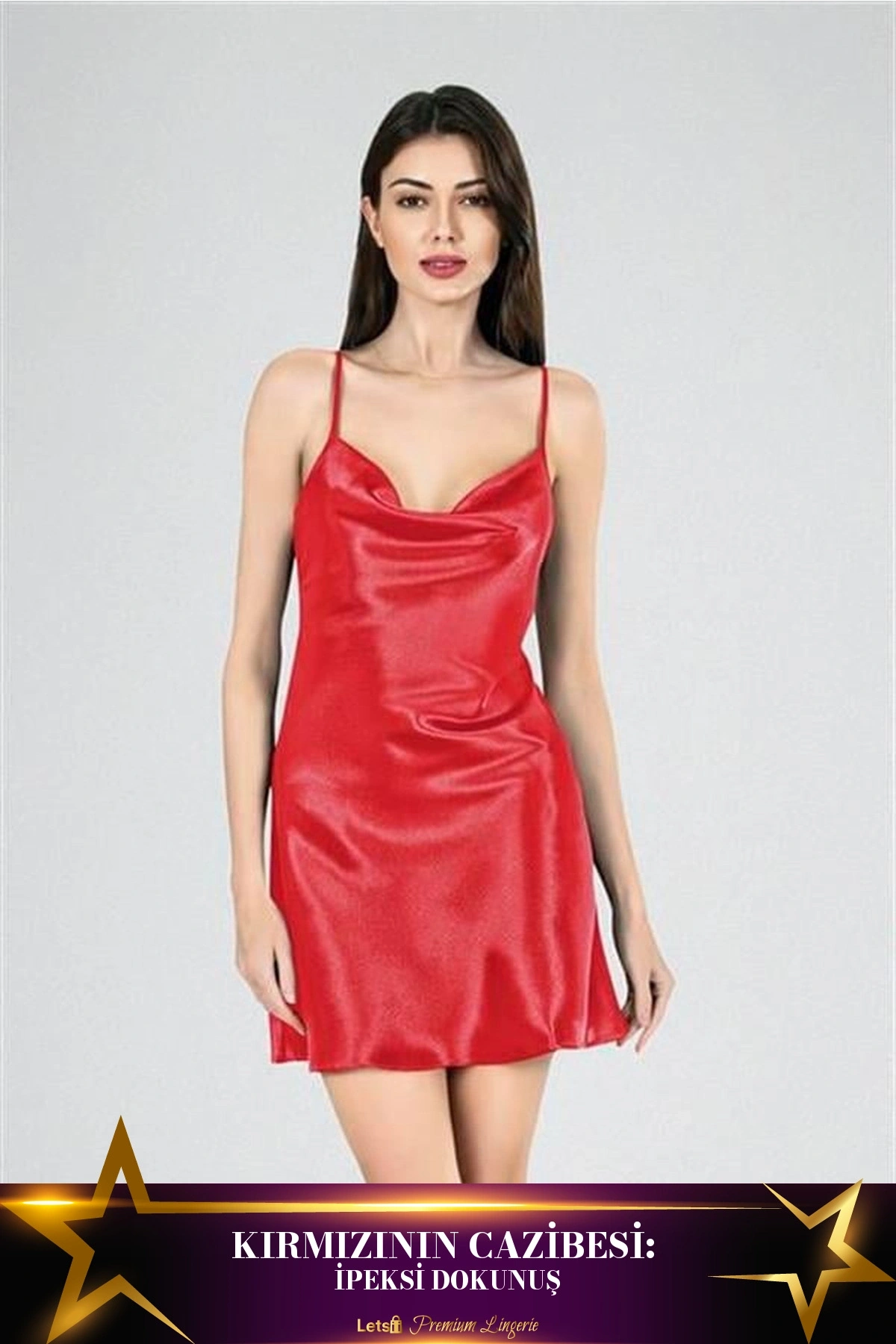 Kısa Saten Degaje Yaka Gecelik Kırmızı Renk