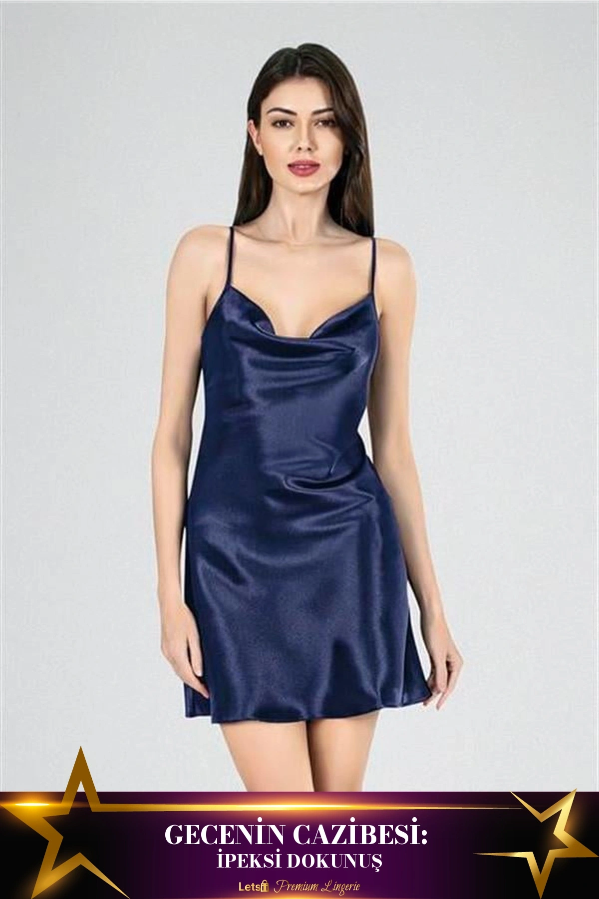 Kısa Saten Degaje Yaka Gecelik Lacivert Renk