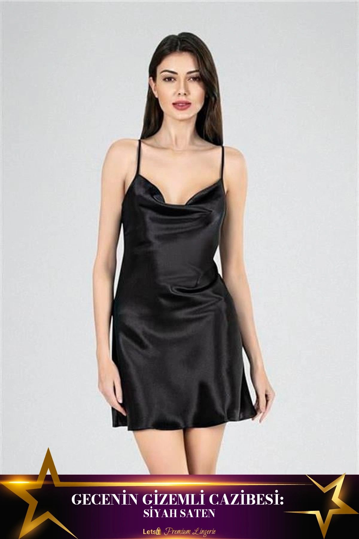 Kısa Saten Degaje Yaka Gecelik Siyah Renk