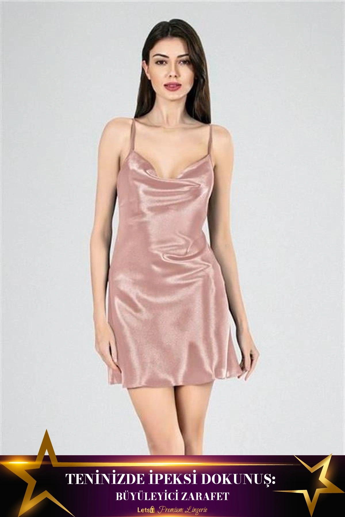 Kısa Saten Degaje Yaka Gecelik Vizon Renk