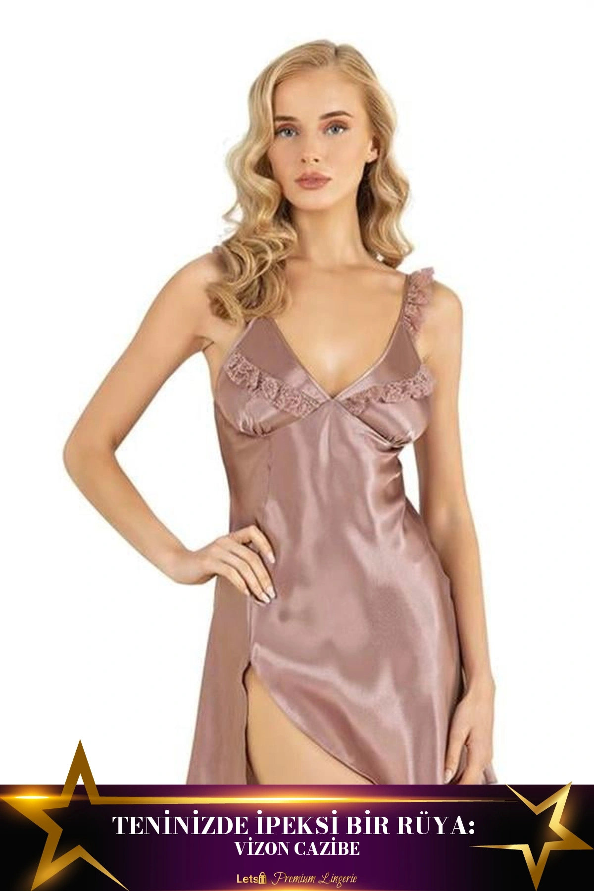 Kısa Saten Gecelik 2 Parça Kombin Vizon Renk