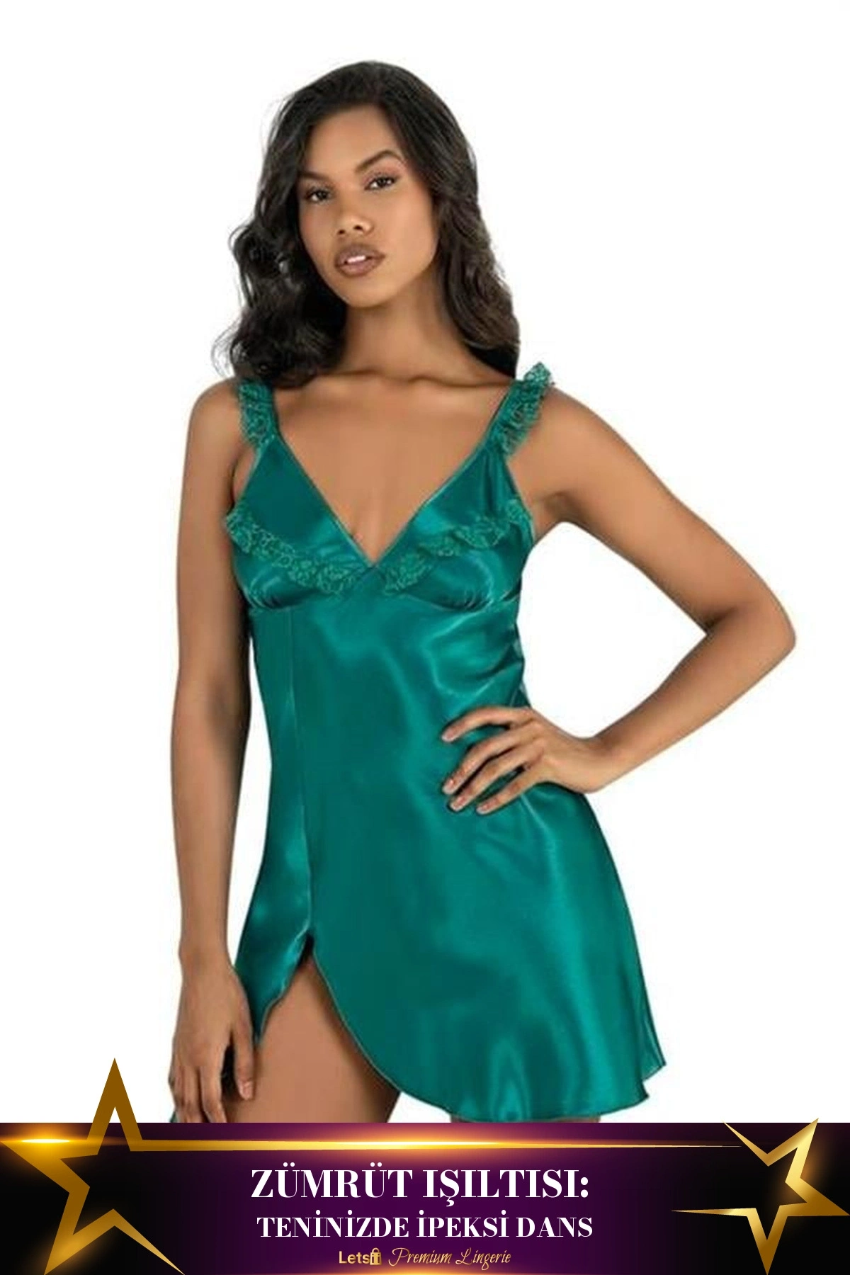 Kısa Saten Gecelik 2 Parça Kombin Zümrüt Yeşili Renk