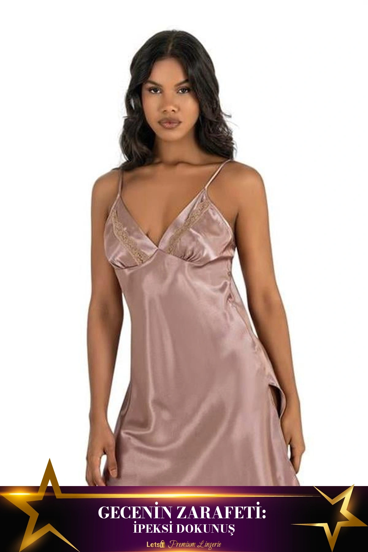 Kısa Saten Gecelik 2 Parça Rahat Takım Vizon Renk