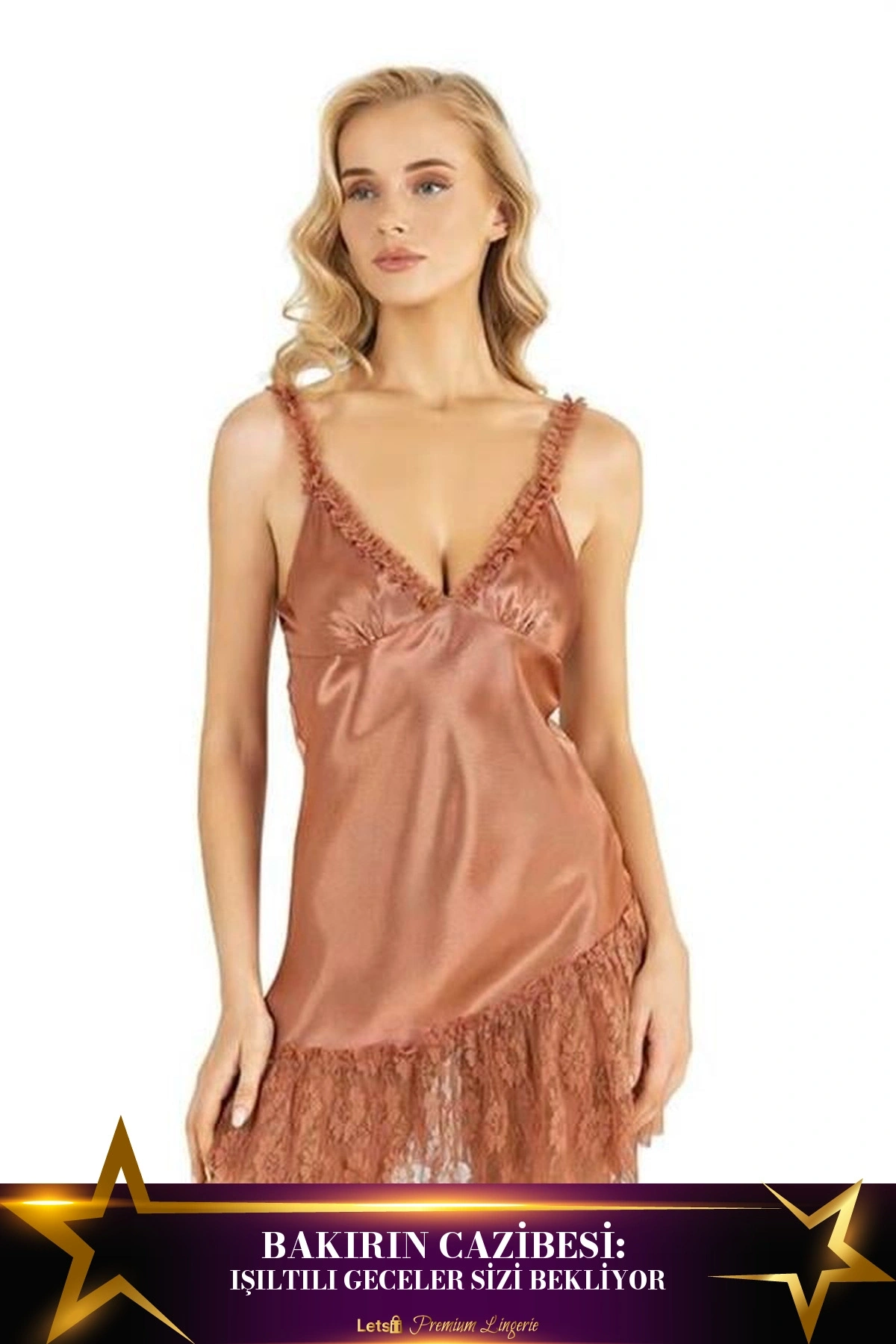 Kısa Saten Gecelik İki Parça Rahat Kesim Bakır Renk