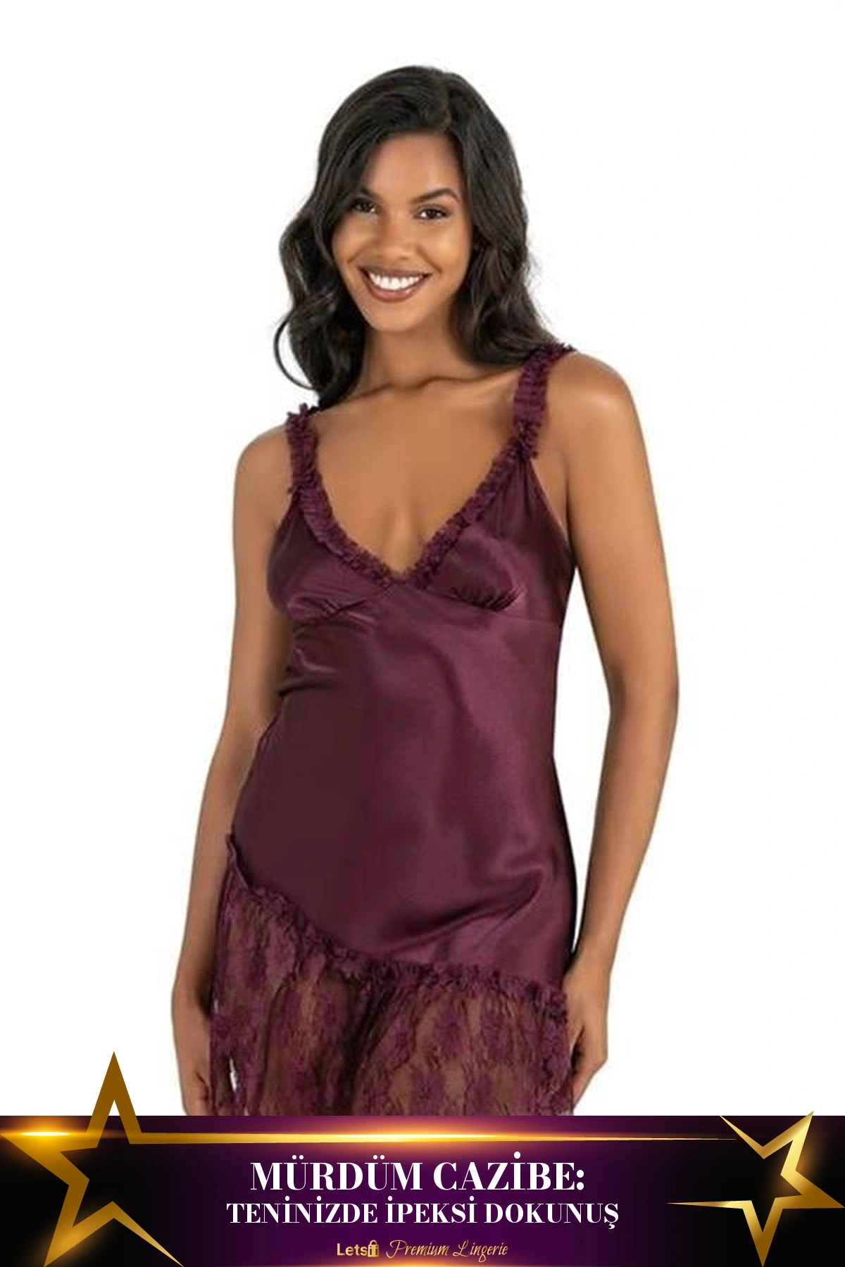 Kısa Saten Gecelik İki Parça Rahat Kesim Mürdüm Renk