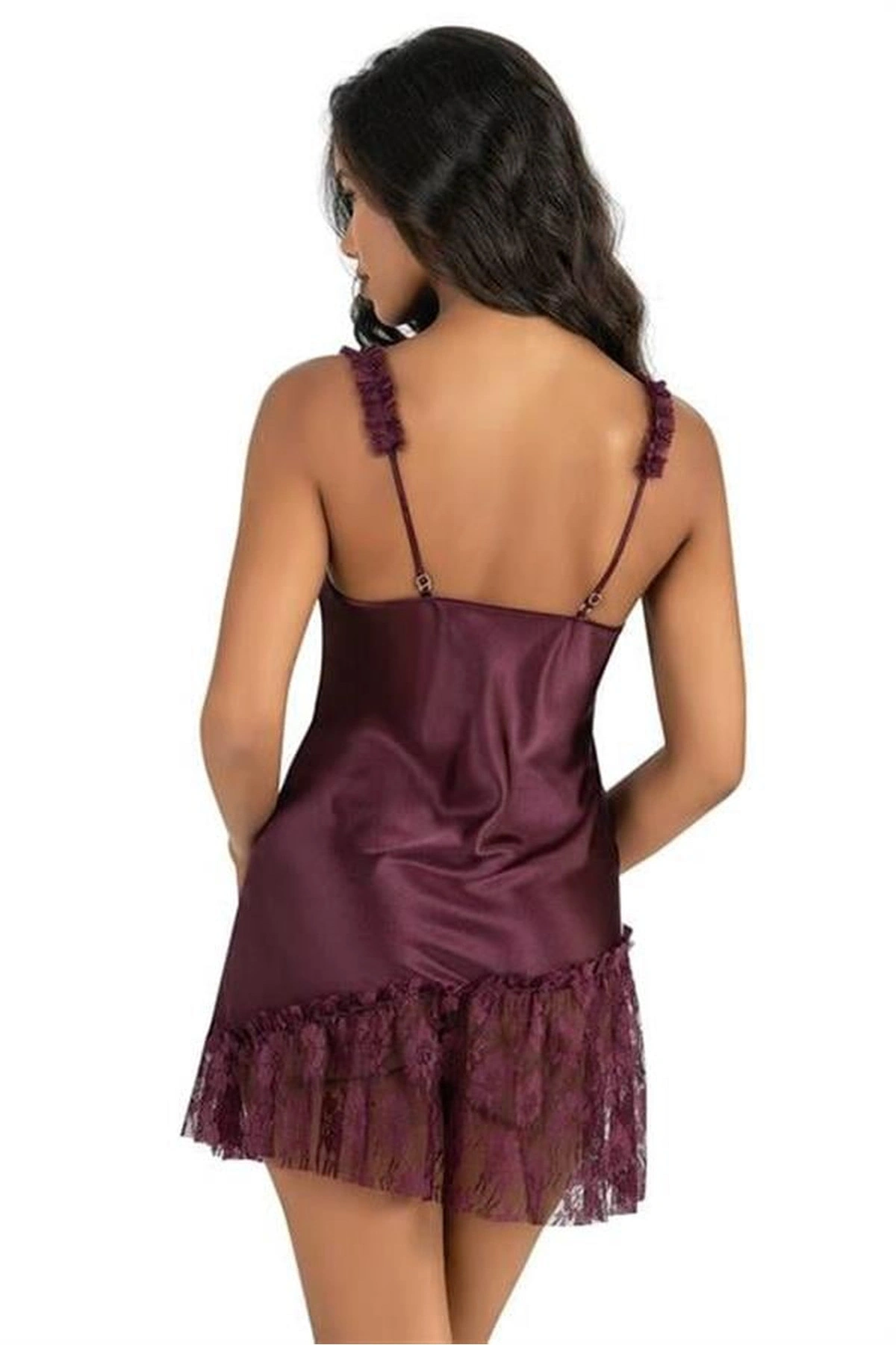 Kısa Saten Gecelik İki Parça Rahat Kesim Mürdüm Renk