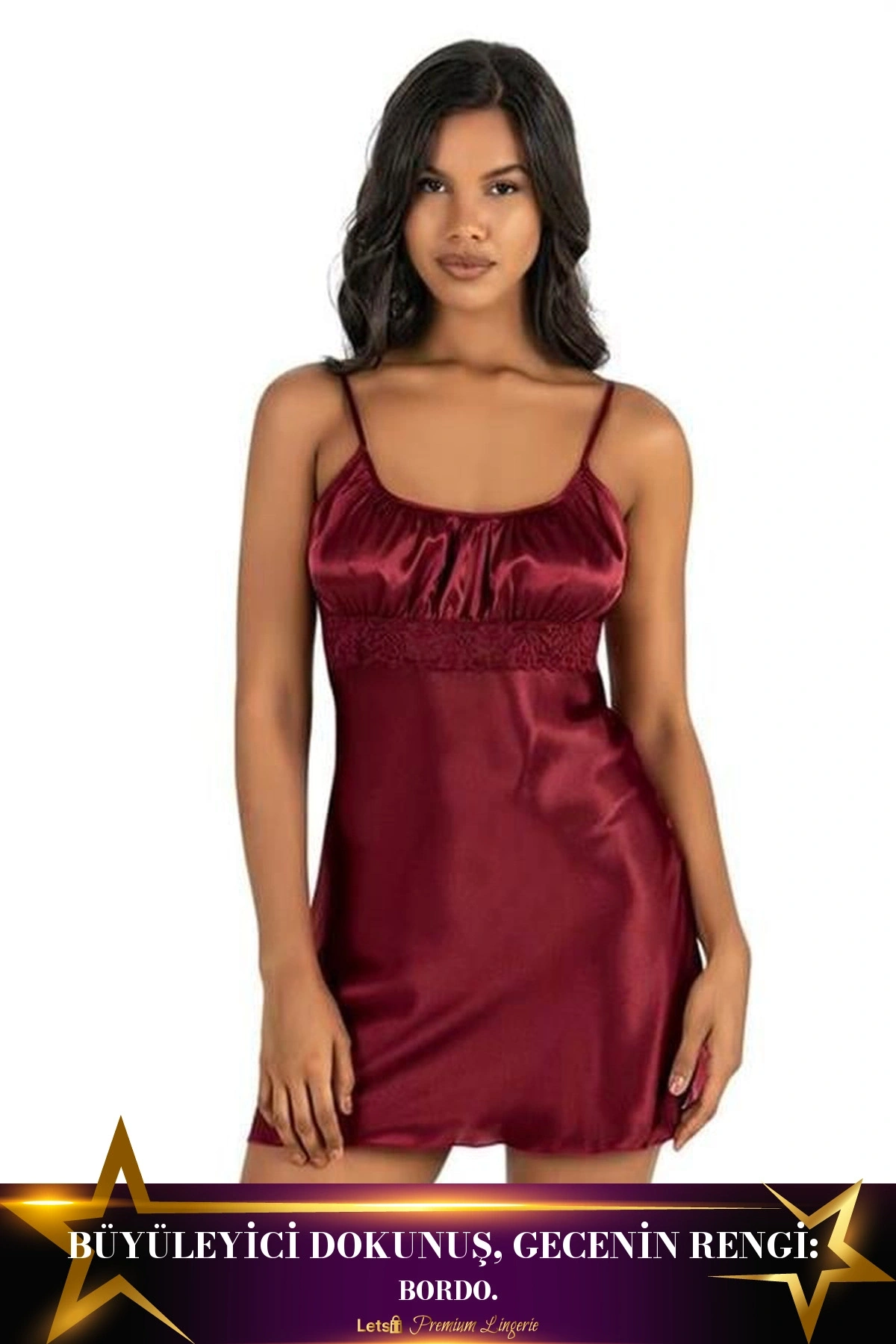 Kısa Saten Gecelik İki Parça Rahat Model Bordo Renk