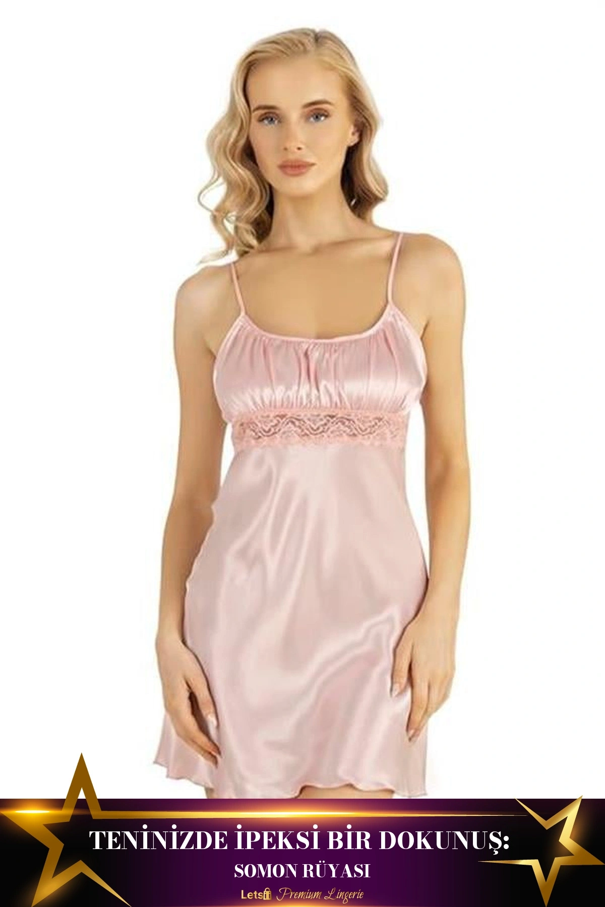 Kısa Saten Gecelik İki Parça Rahat Model Somon Renk