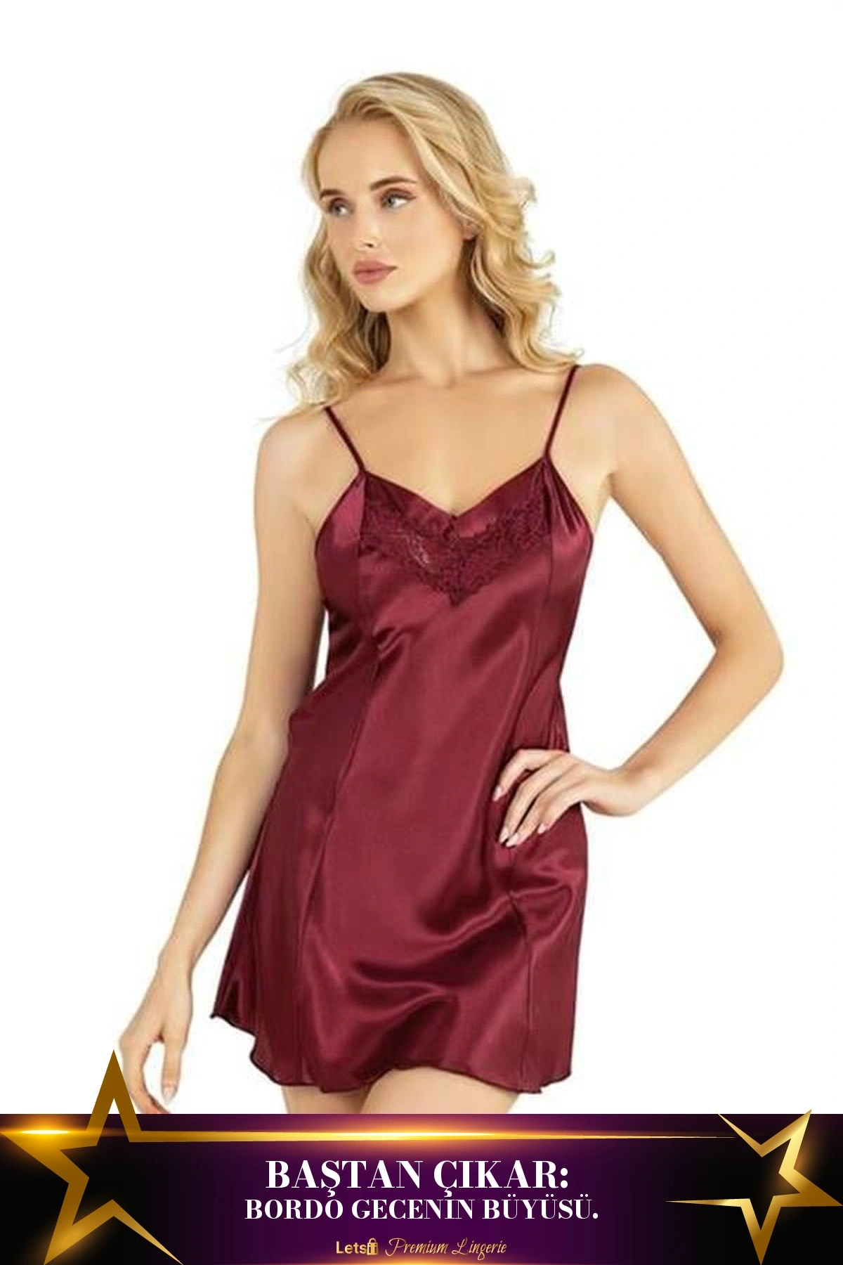 Kısa Saten Gecelik İkili Takım Bordo Renk