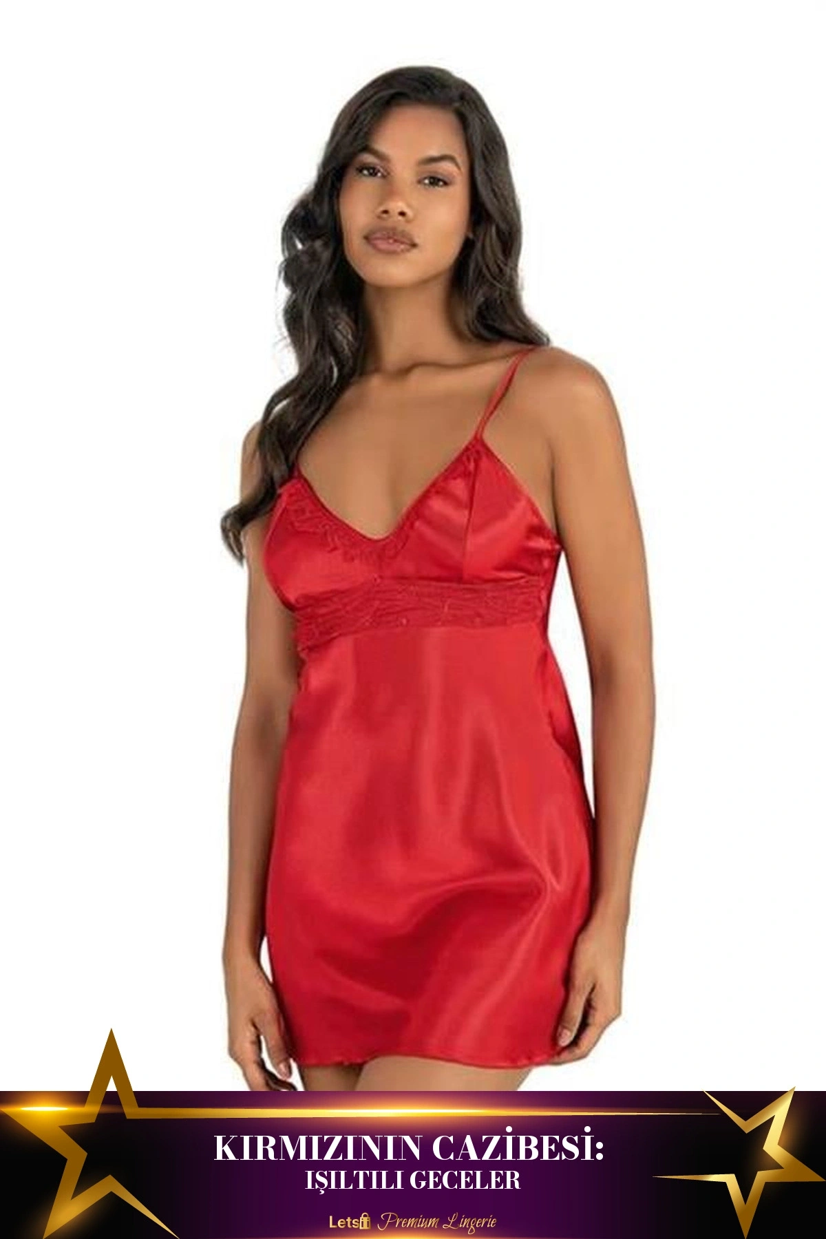 Kısa Saten Gecelik İkili Takım Kırmızı Renk