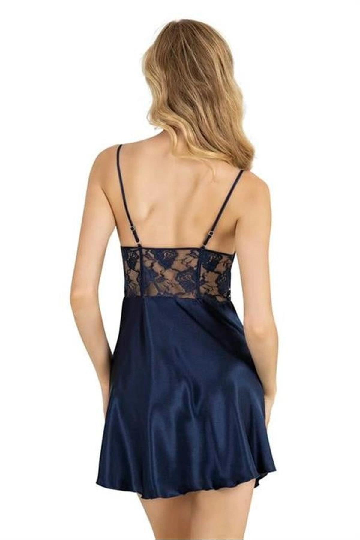 Kısa Saten Gecelik İkili Takım Lacivert Renk