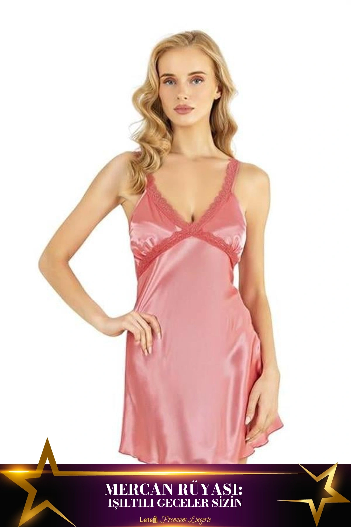 Kısa Saten Gecelik İkili Takım Mercan Renk