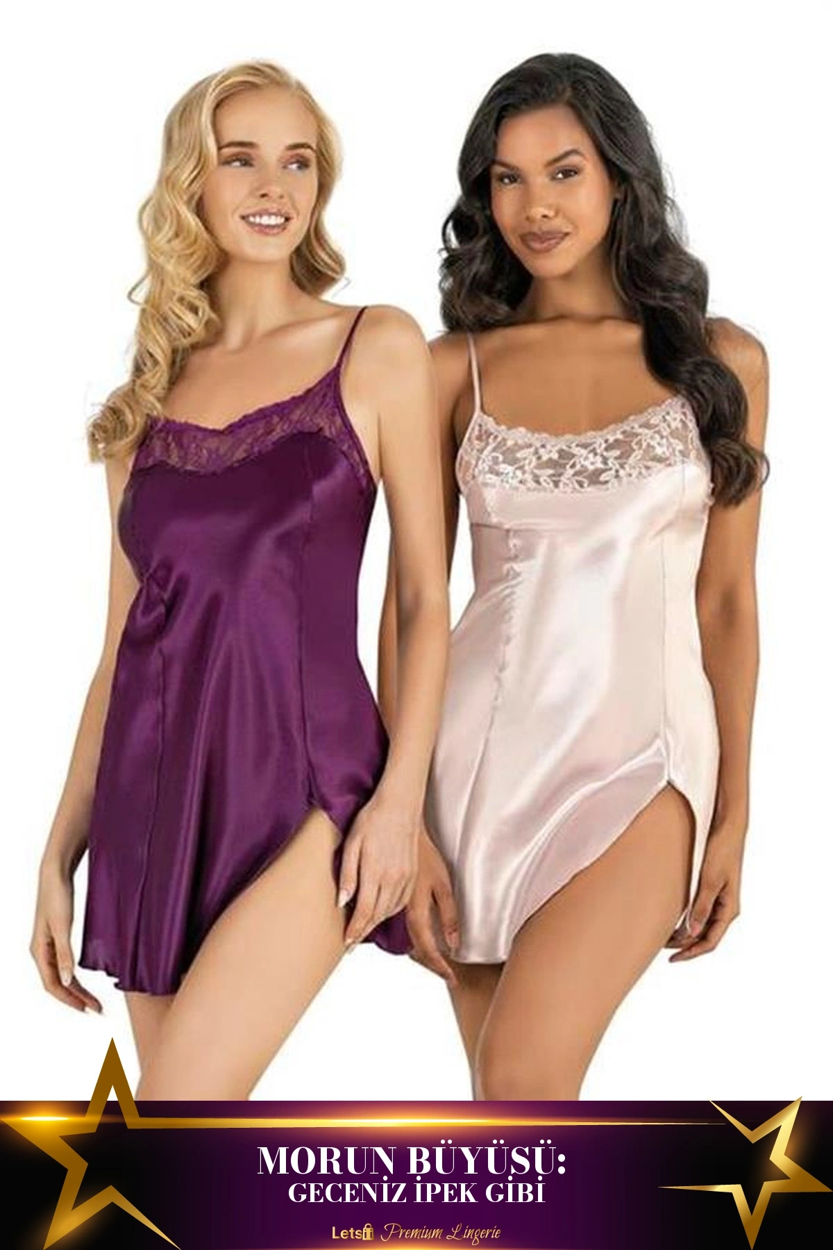 Kısa Saten Gecelik İkili Takım Mor Renk