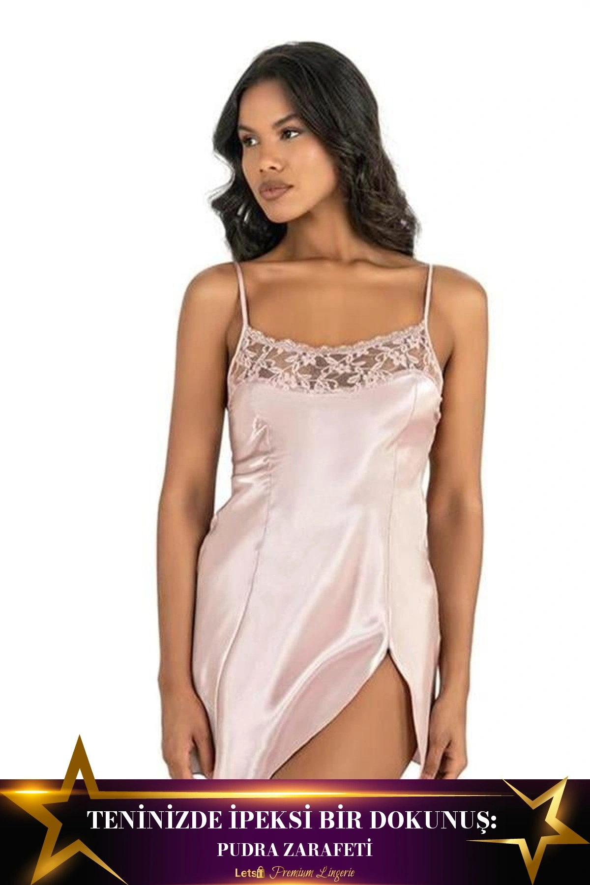 Kısa Saten Gecelik İkili Takım Pudra Renk