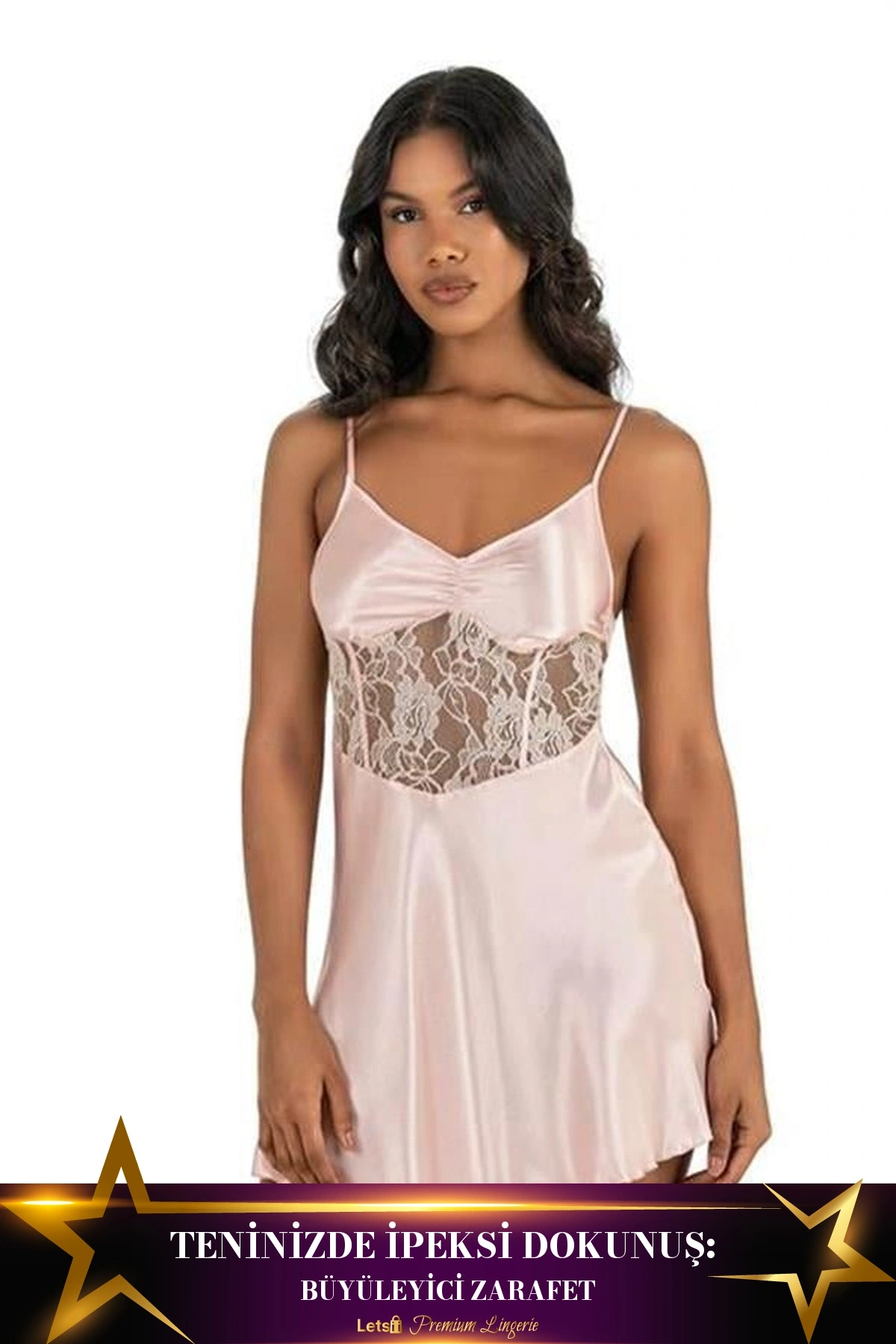 Kısa Saten Gecelik İkili Takım Somon Renk