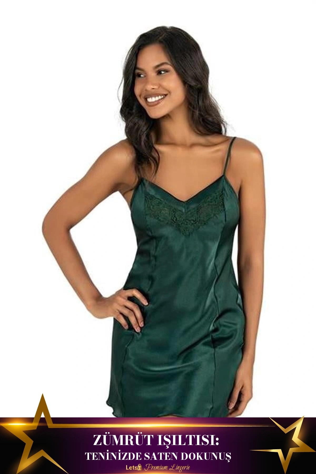 Kısa Saten Gecelik İkili Takım Yeşil Renk