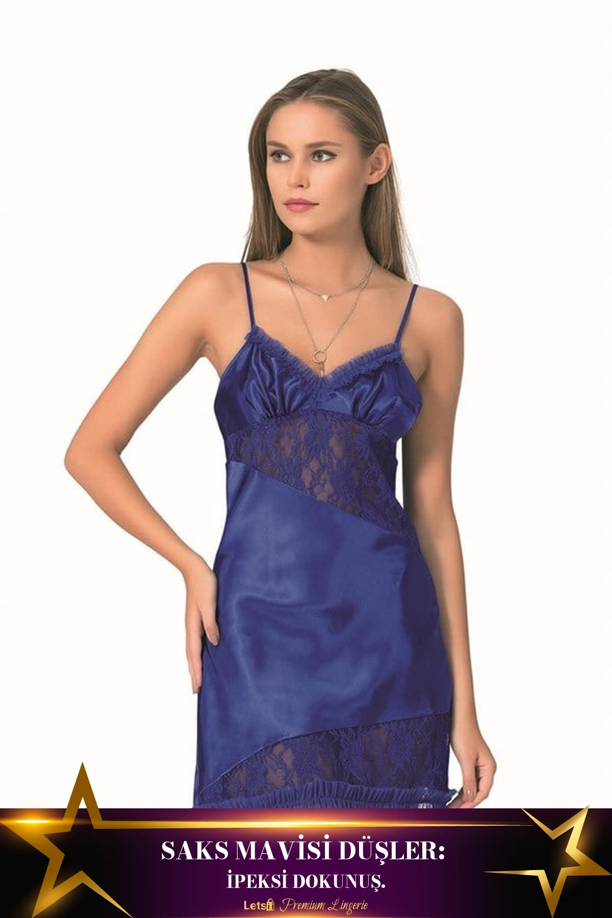 Kısa Saten Gecelik Saks Mavisi Renk