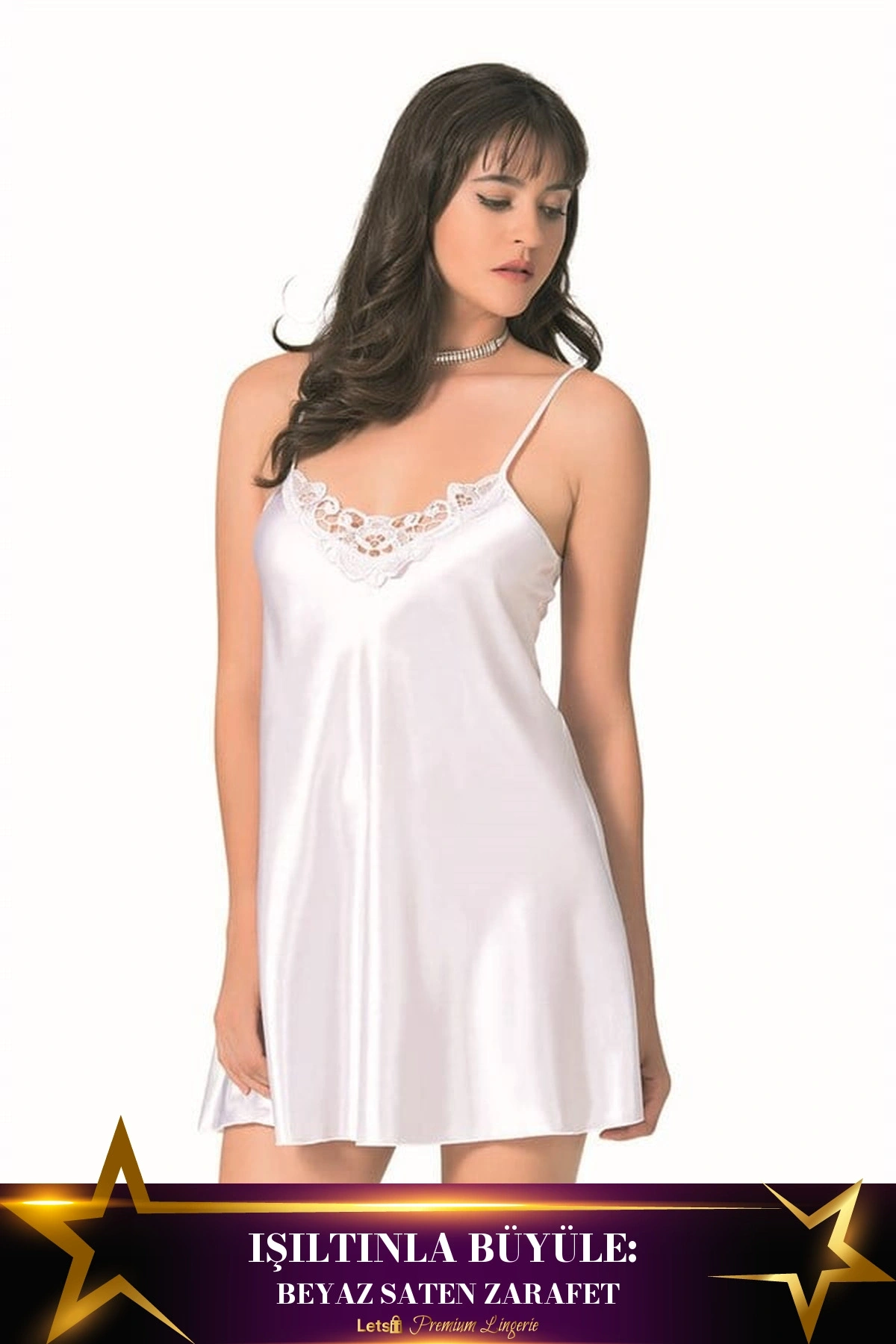 Kısa Saten Gecelik Tek Parça Hafif Dokunuş Beyaz Renk