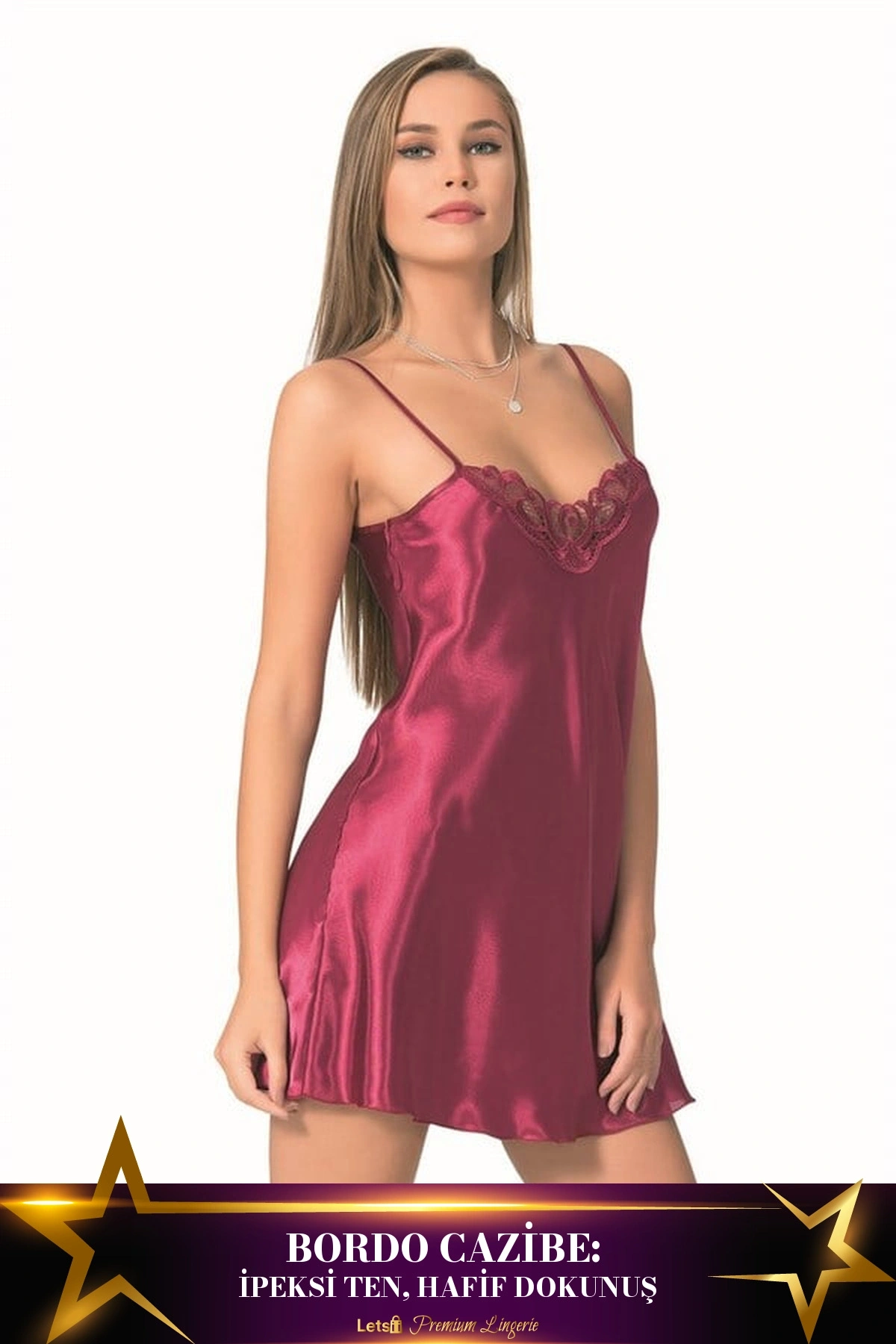 Kısa Saten Gecelik Tek Parça Hafif Dokunuş Bordo Renk