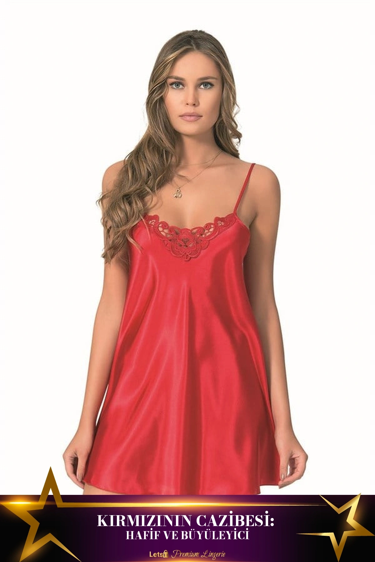 Kısa Saten Gecelik Tek Parça Hafif Dokunuş Kırmızı Renk