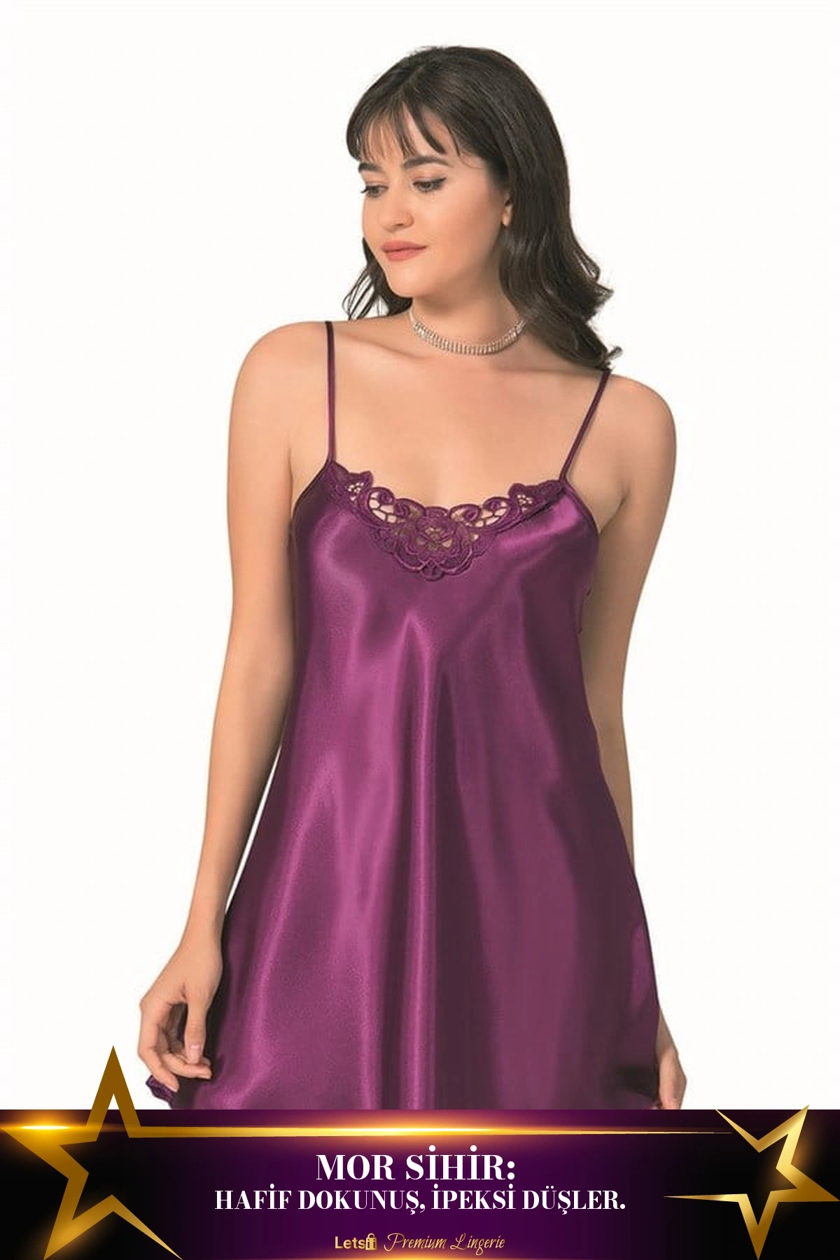 Kısa Saten Gecelik Tek Parça Hafif Dokunuş Mor Renk