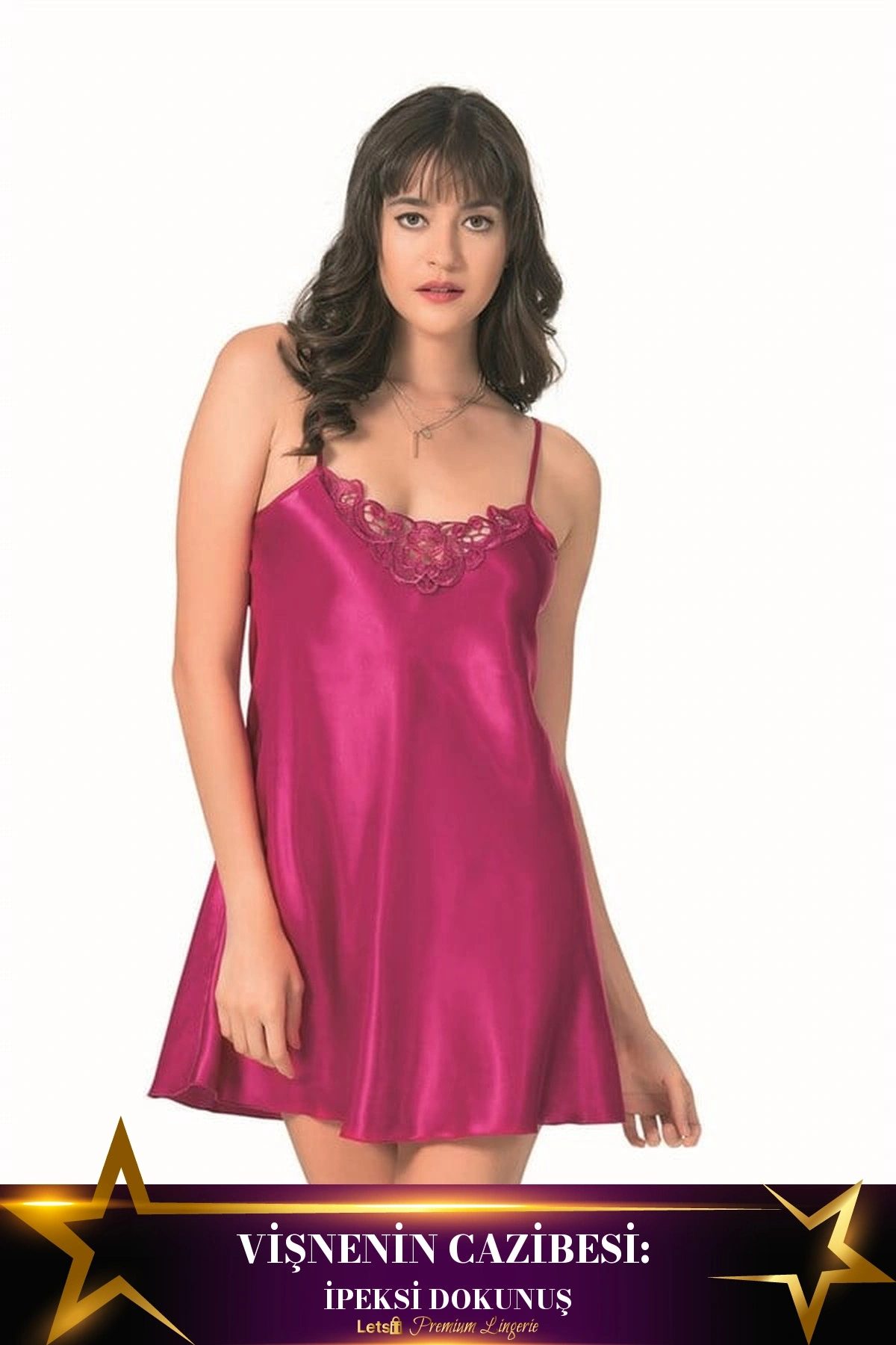 Kısa Saten Gecelik Tek Parça Hafif Dokunuş Vişne Renk