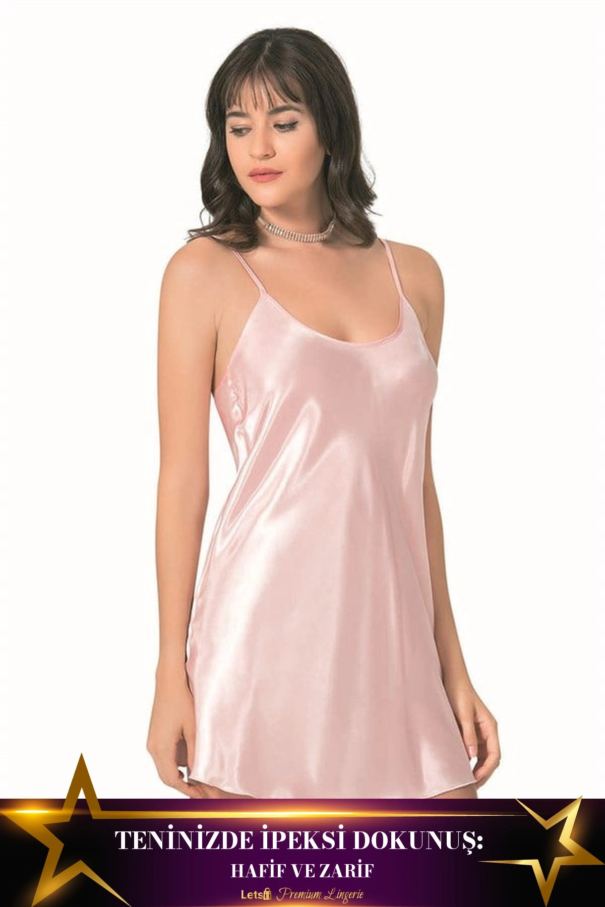 Kısa Saten Gecelik Tek Parça Konforlu Kullanım Somon Renk