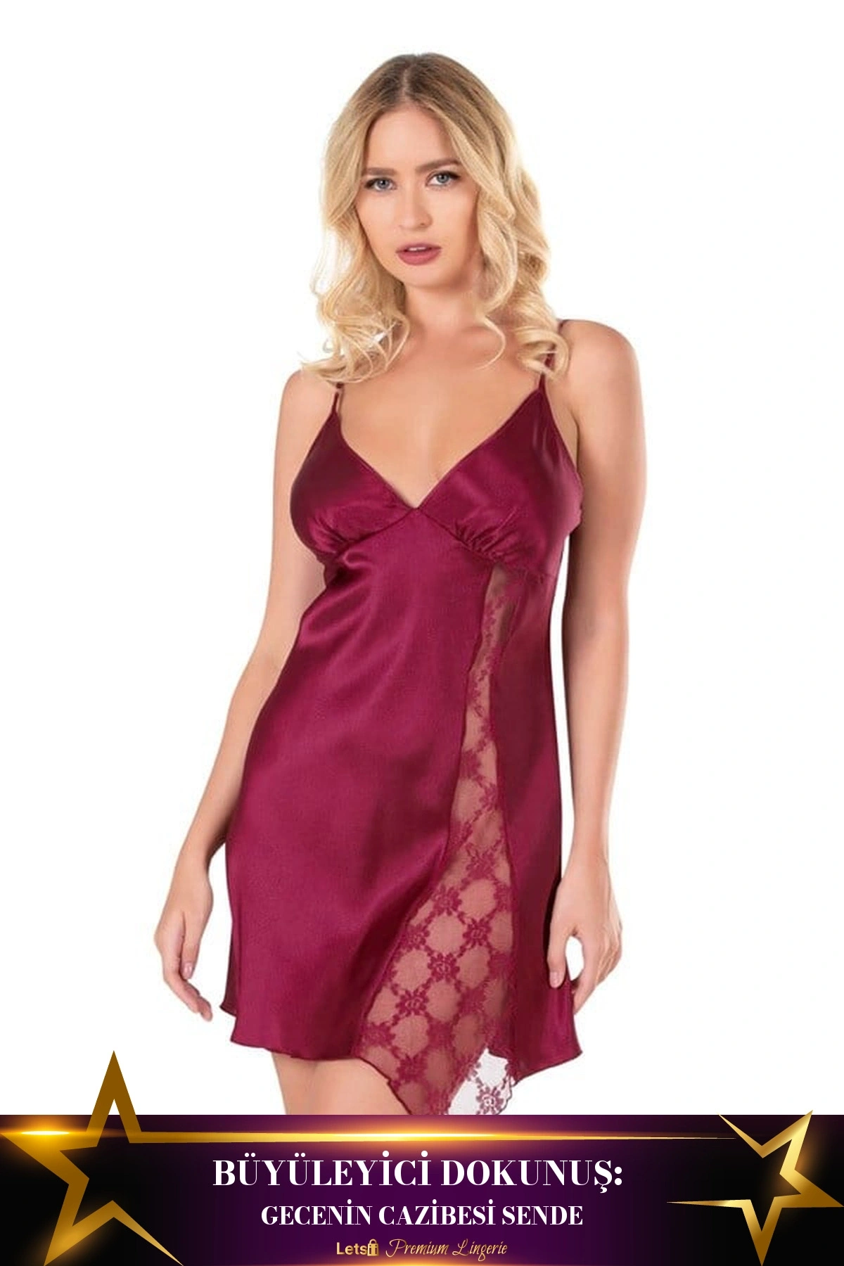 Kısa Saten Gecelik Tek Parça Model Bordo Renk