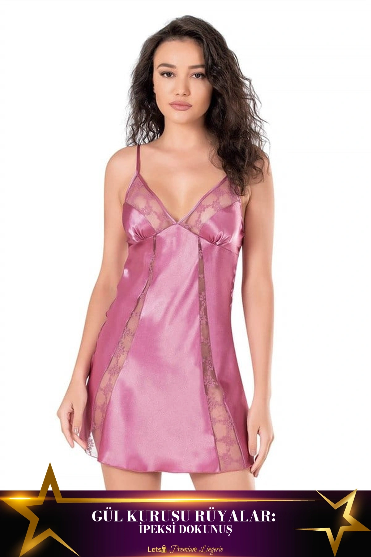 Kısa Saten Gecelik Tek Parça Model Gül Kurusu Renk