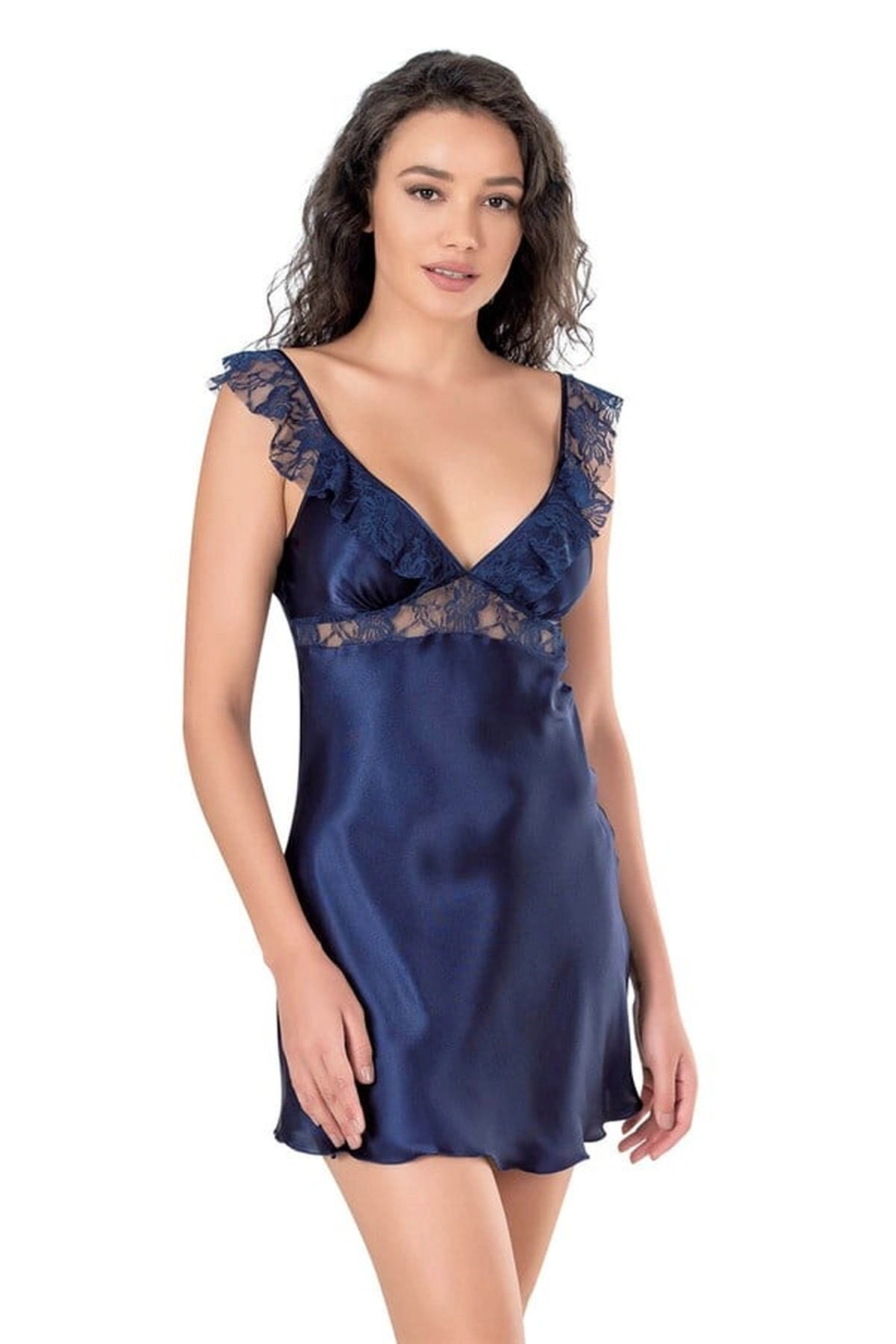 Kısa Saten Gecelik Tek Parça Model Lacivert Renk