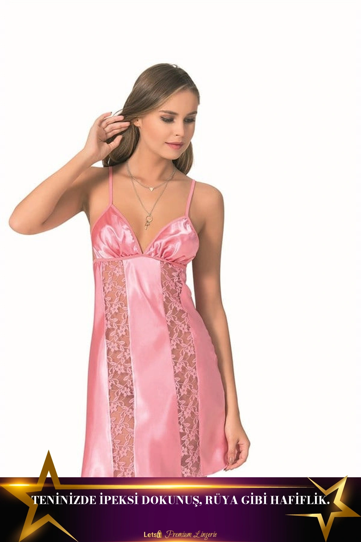 Kısa Saten Gecelik Tek Parça Model Pembe Renk