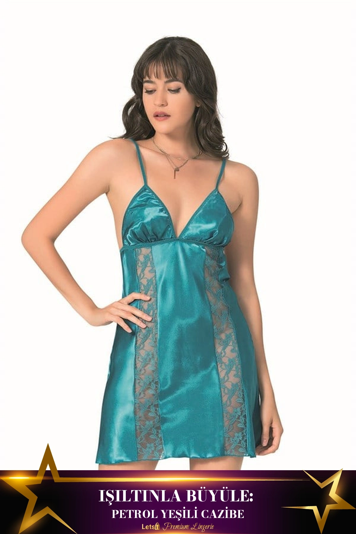 Kısa Saten Gecelik Tek Parça Model Petrol Yeşili Renk