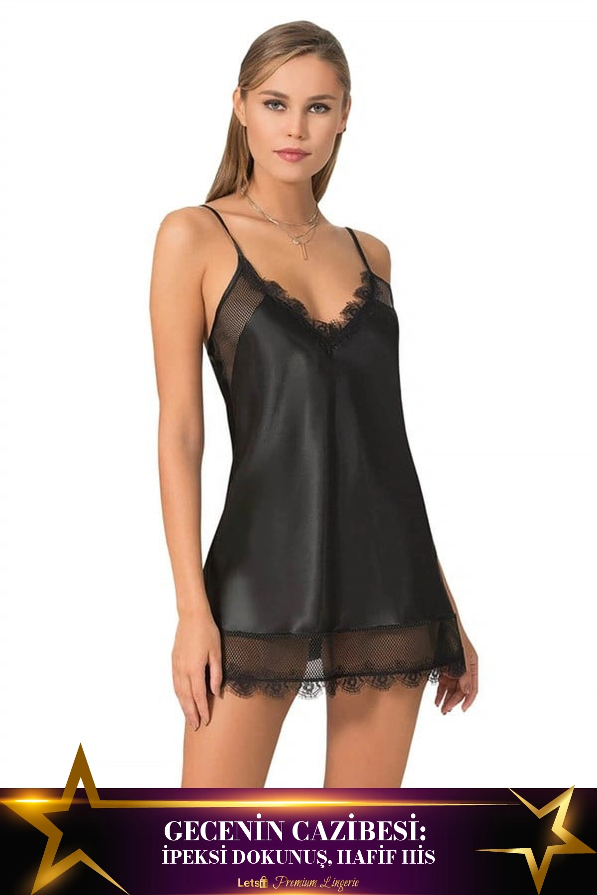 Kısa Saten Gecelik Tek Parça Model Siyah Renk