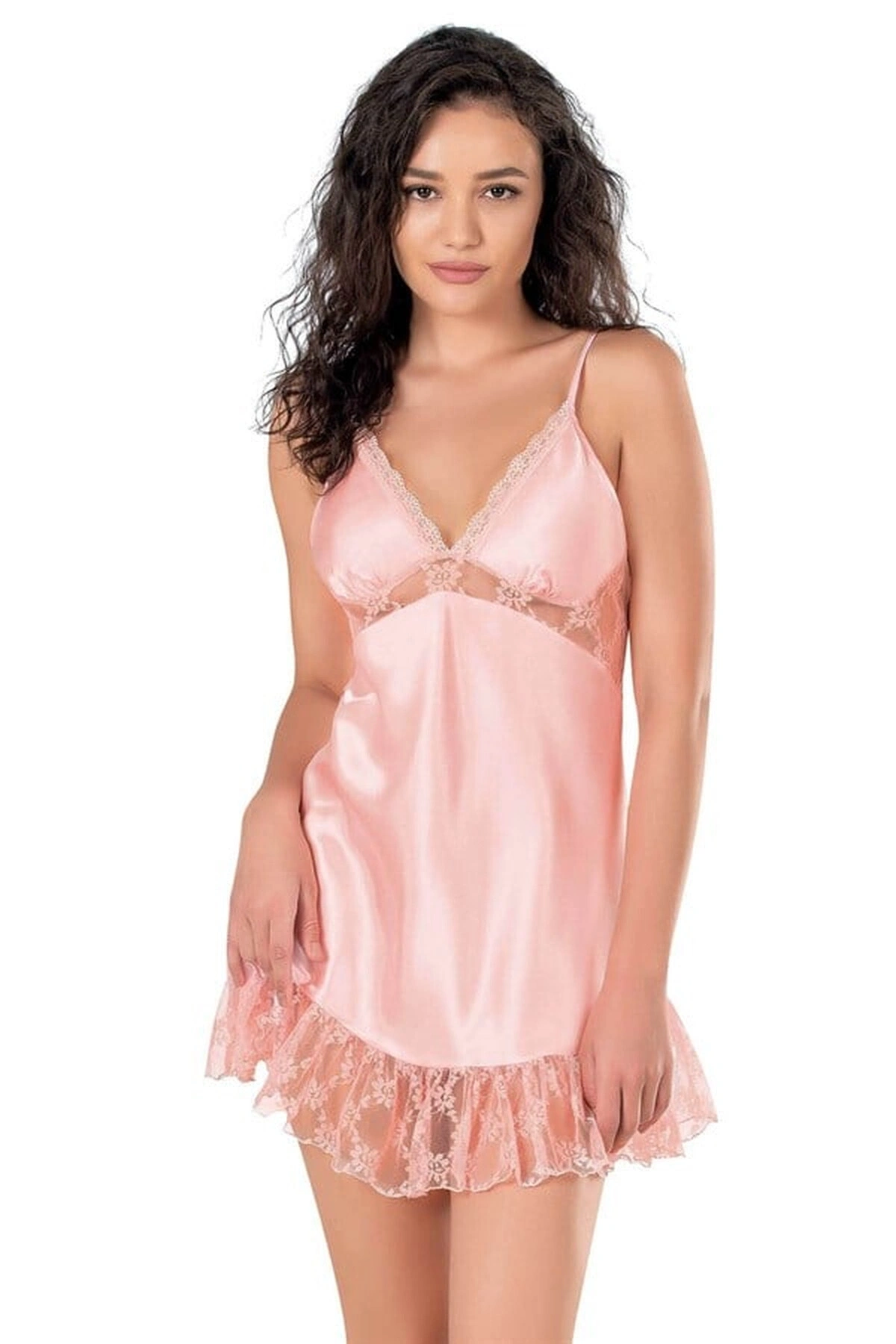 Kısa Saten Gecelik Tek Parça Model Somon Renk