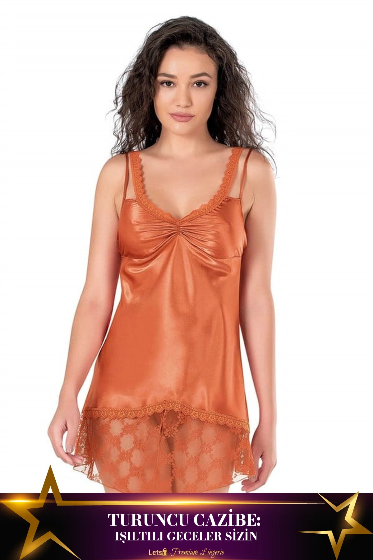 Kısa Saten Gecelik Tek Parça Model Turuncu Renk