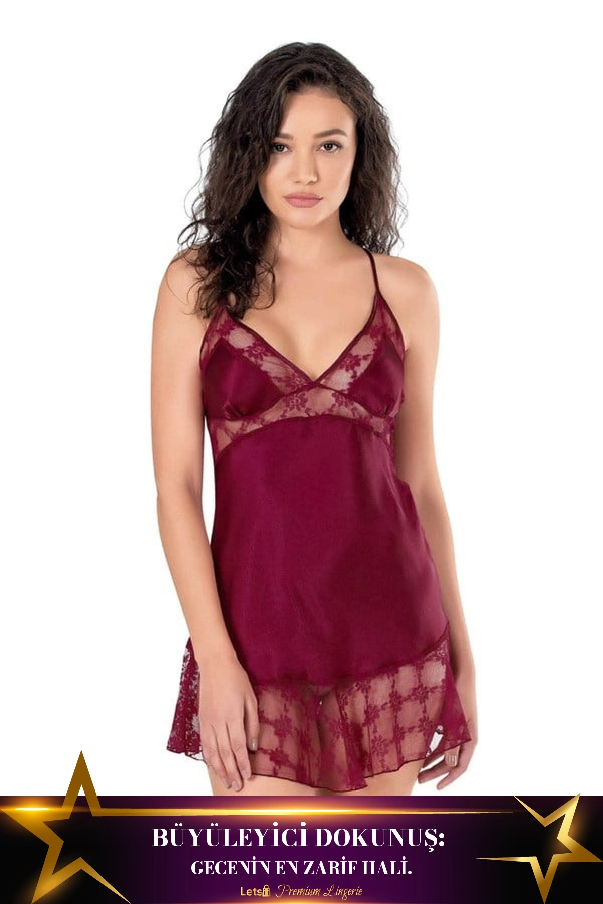 Kısa Saten Gecelik Tek Parça Zarif Tasarım Bordo Renk