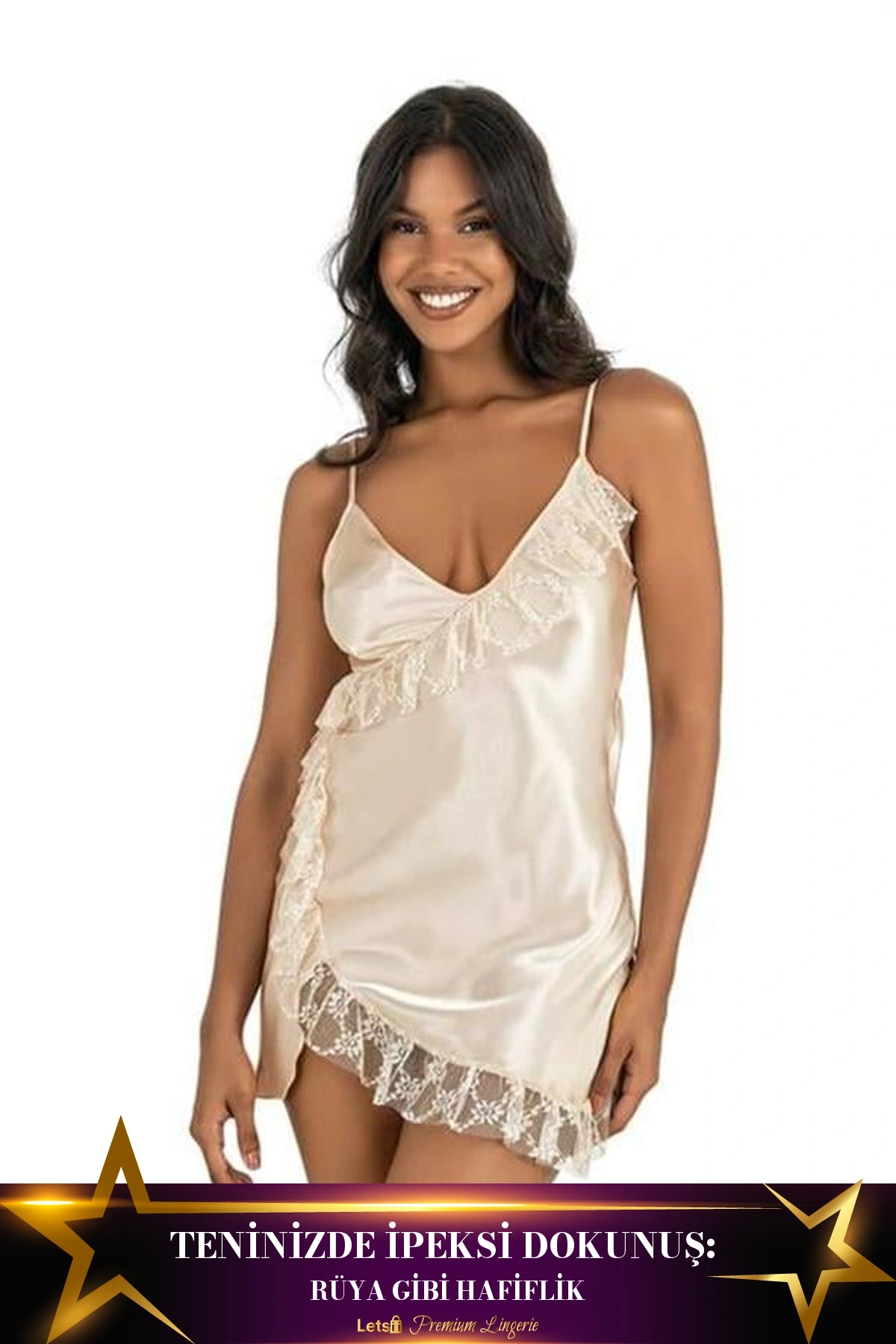 Kısa Saten Gecelik Ve Şort Takımı Fil Dişi Renk