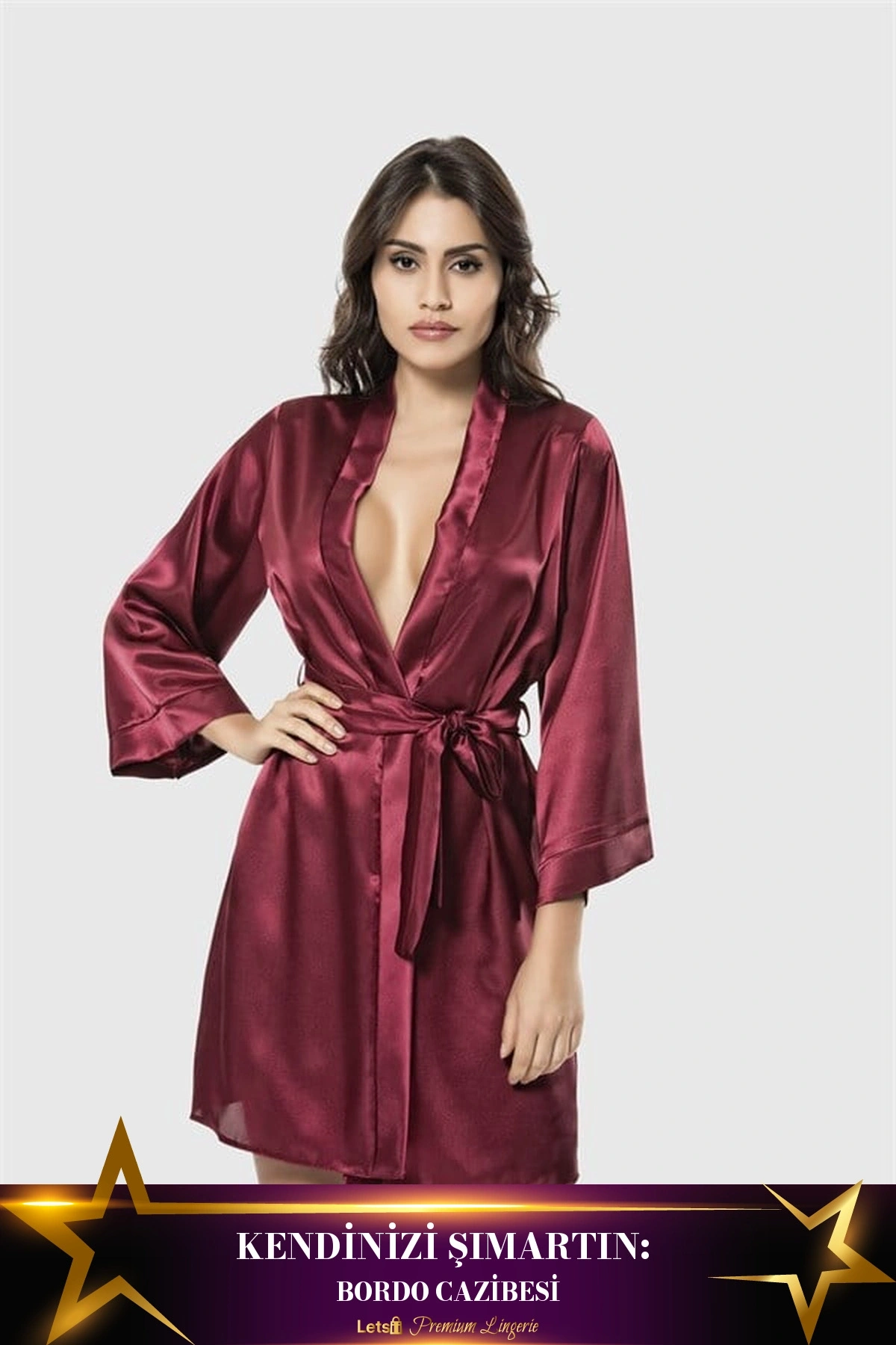 Kısa Saten Kadın Sabahlık Bordo Renk