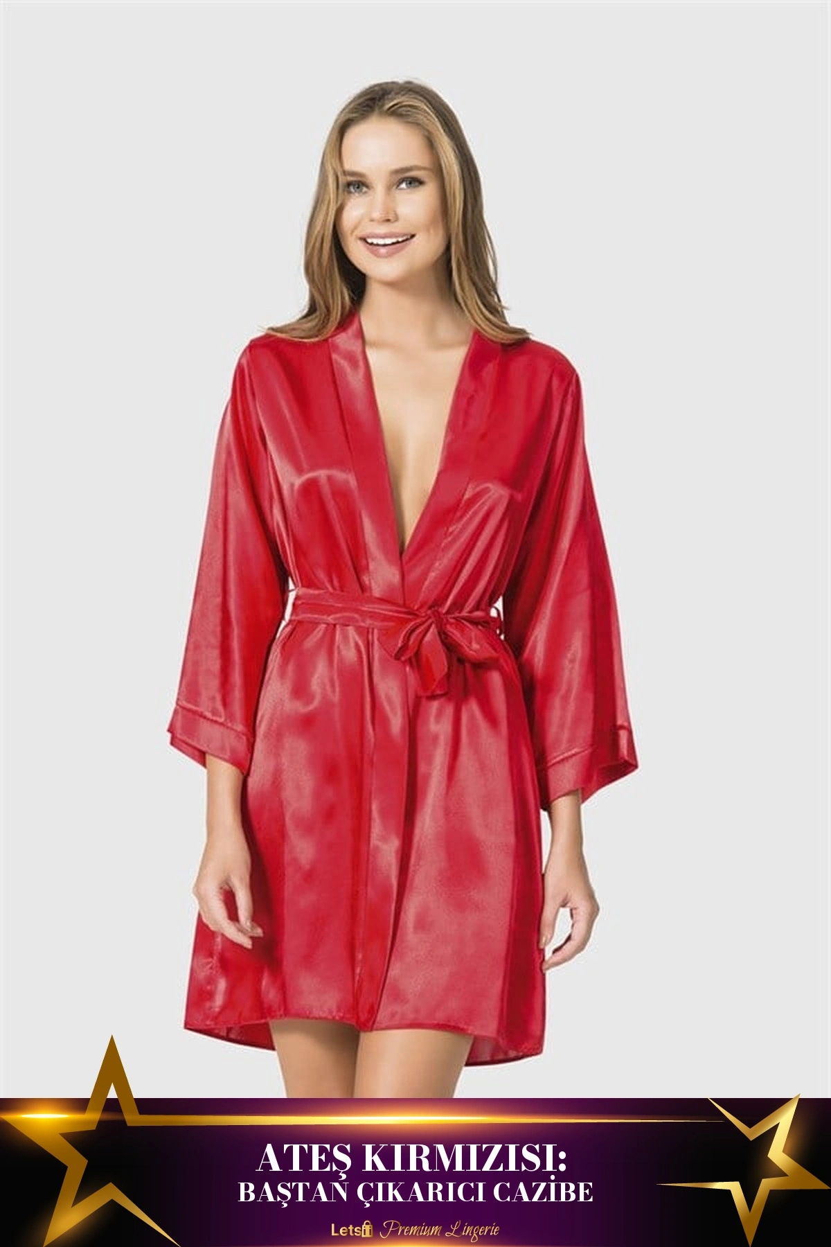 Kısa Saten Kadın Sabahlık Kırmızı Renk