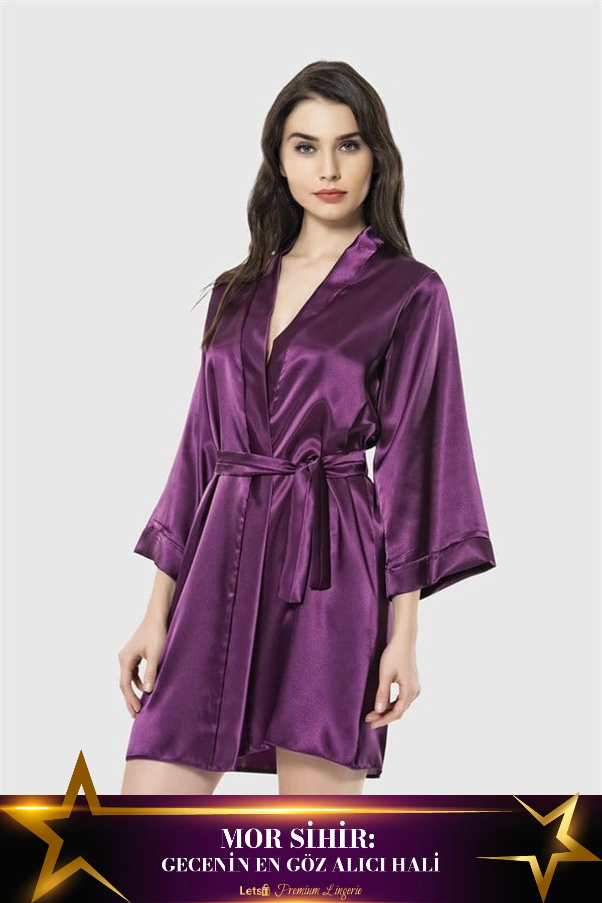 Kısa Saten Kadın Sabahlık Mor Renk