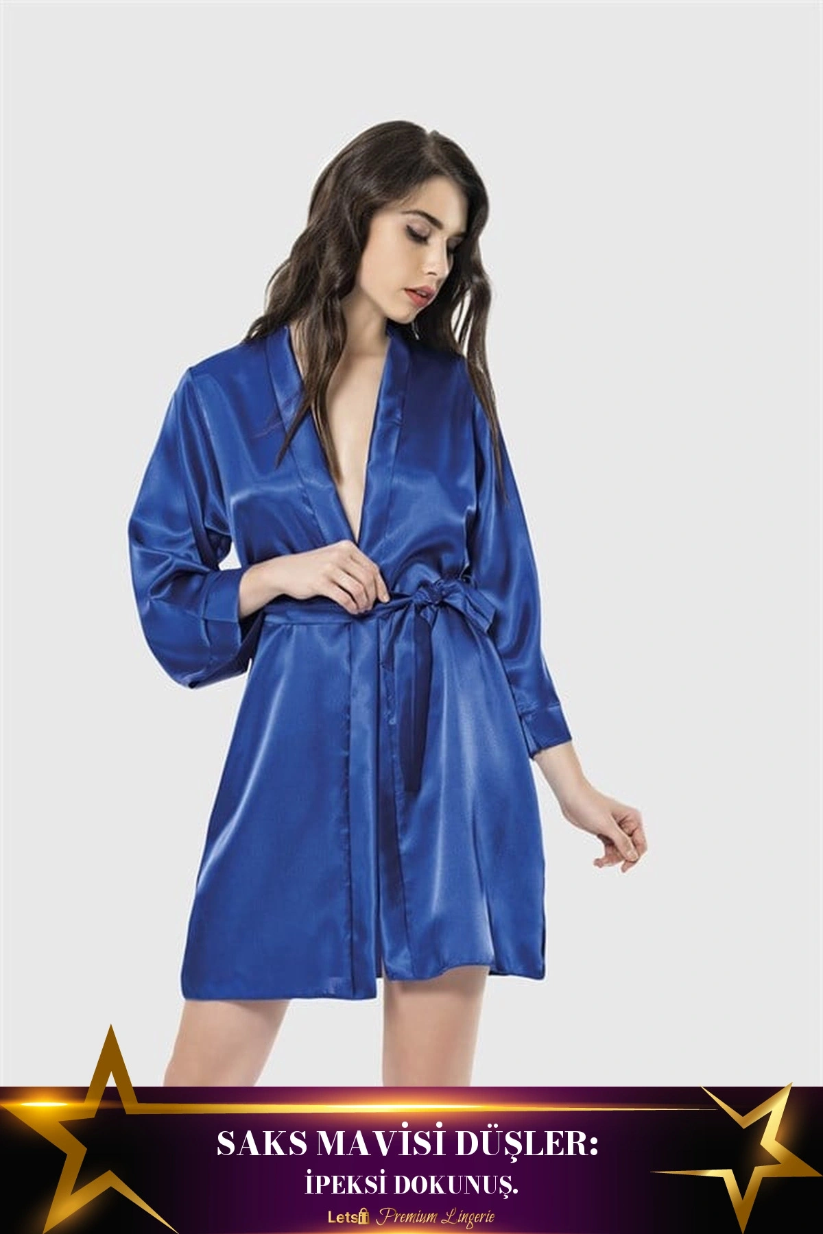 Kısa Saten Kadın Sabahlık Saks Mavisi Renk