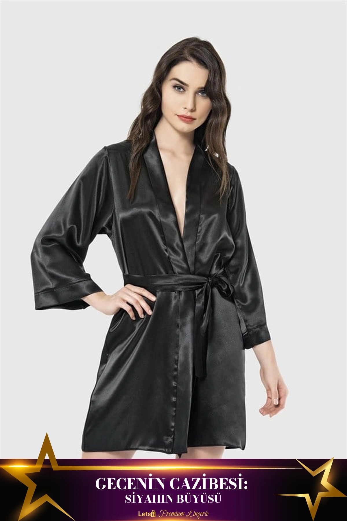 Kısa Saten Kadın Sabahlık Siyah Renk