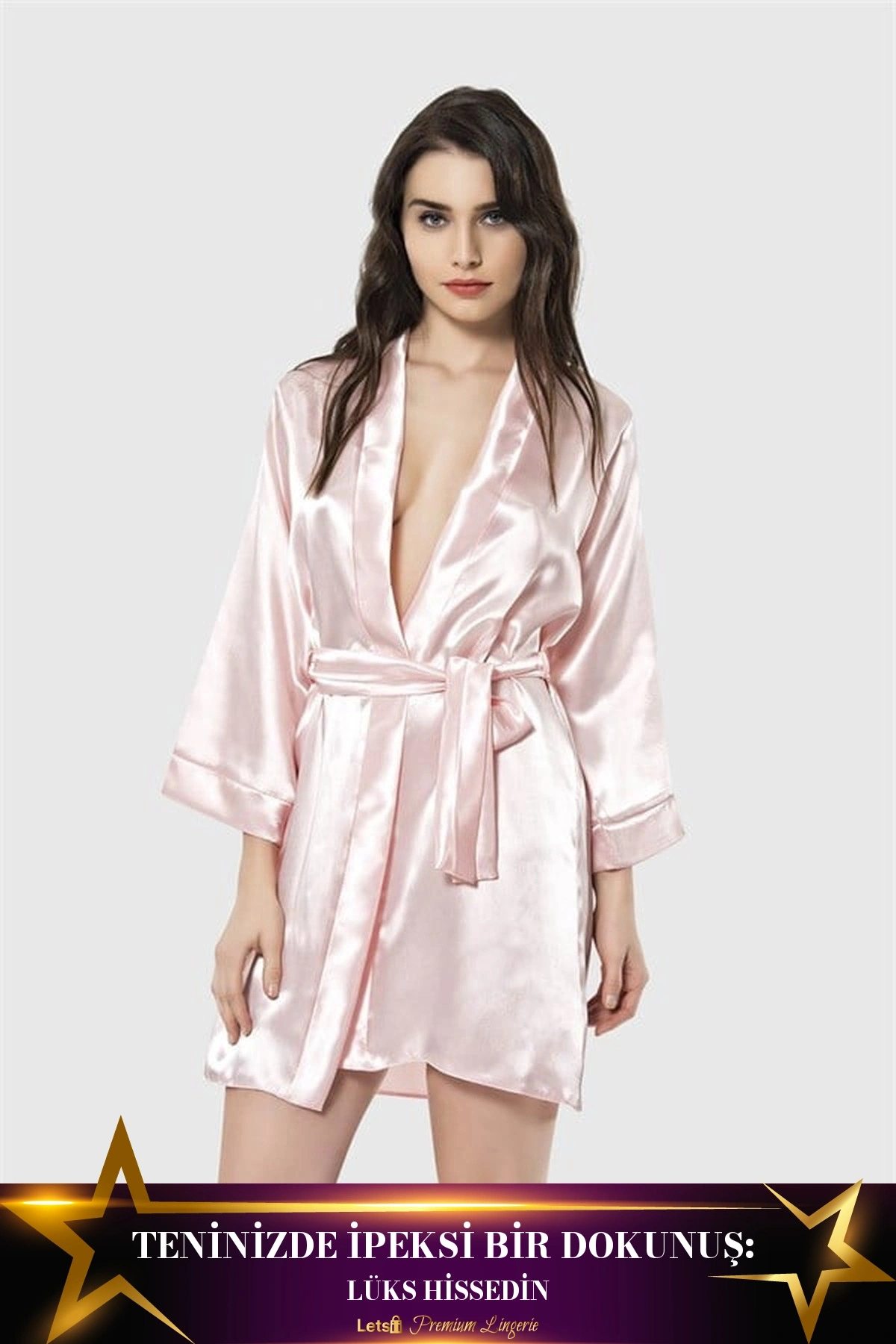 Kısa Saten Kadın Sabahlık Somon Renk