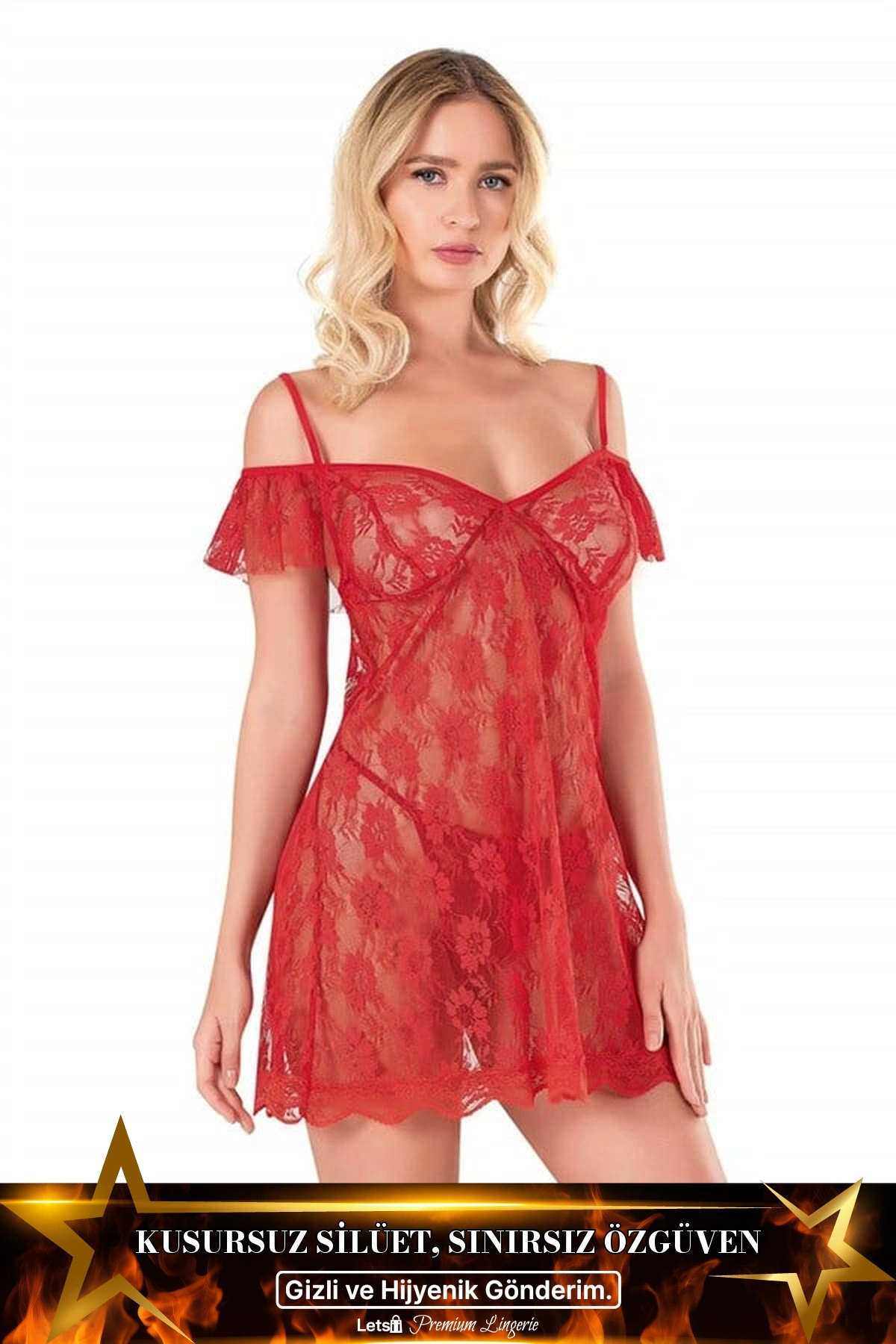 Kısa Tül Fantezi Gecelik Seti Kırmızı Renk