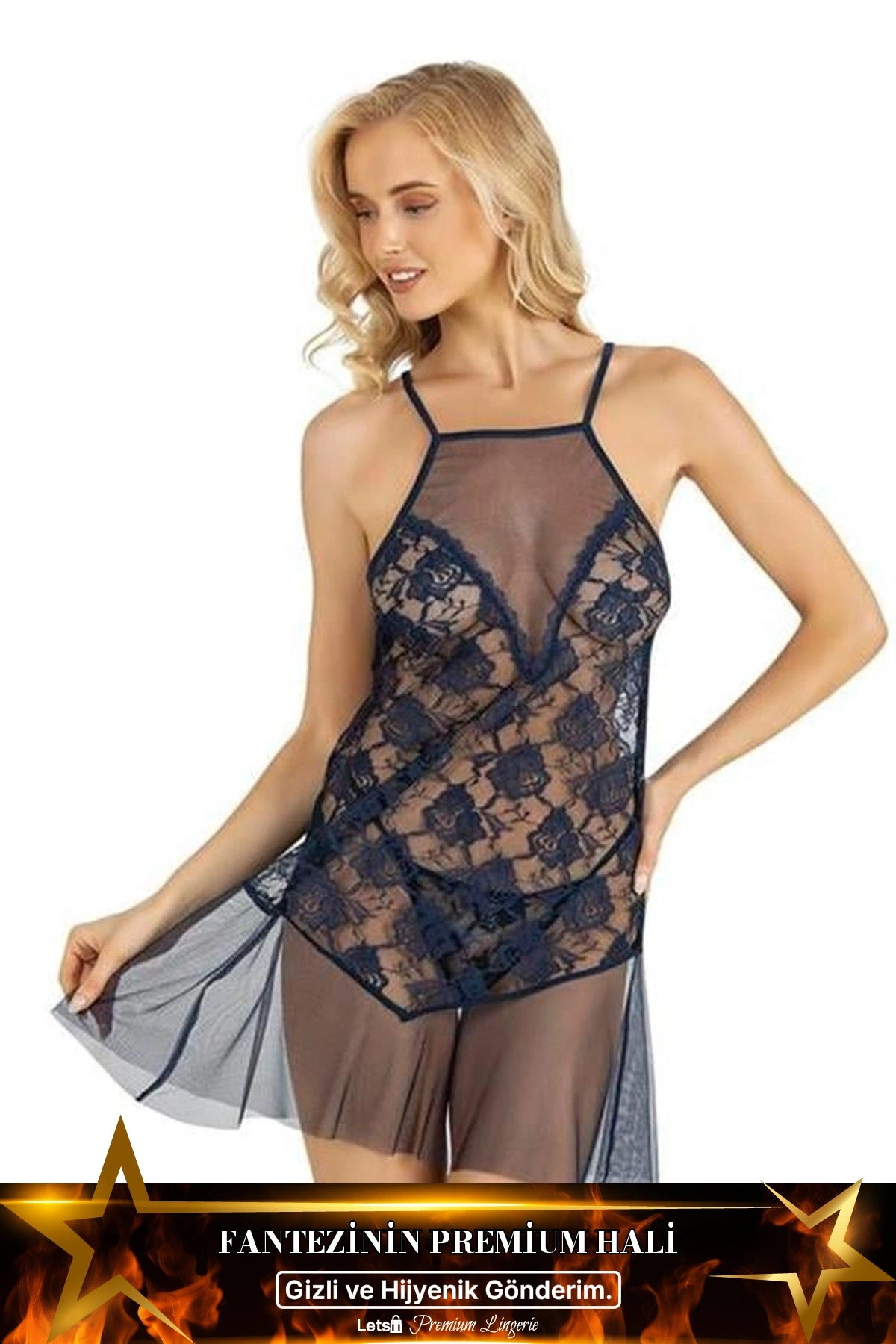 Kısa Tül Fantezi Gecelik Seti Lacivert Renk