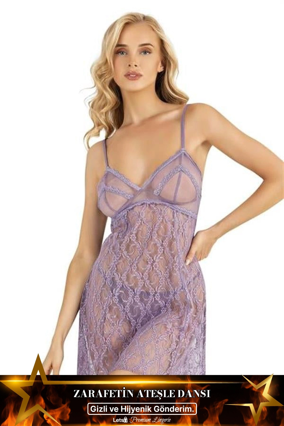 Kısa Tül Fantezi Gecelik Seti Lila Renk