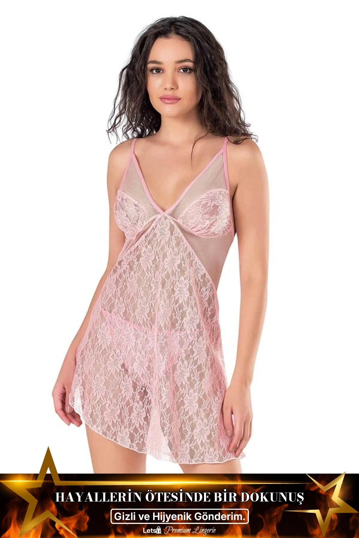 Kısa Tül Fantezi Gecelik Seti Pembe Renk