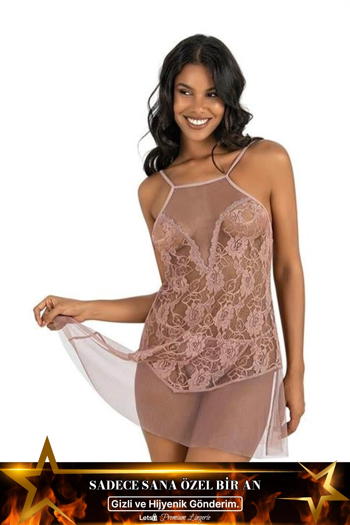 Kısa Tül Fantezi Gecelik Seti Vizon Renk