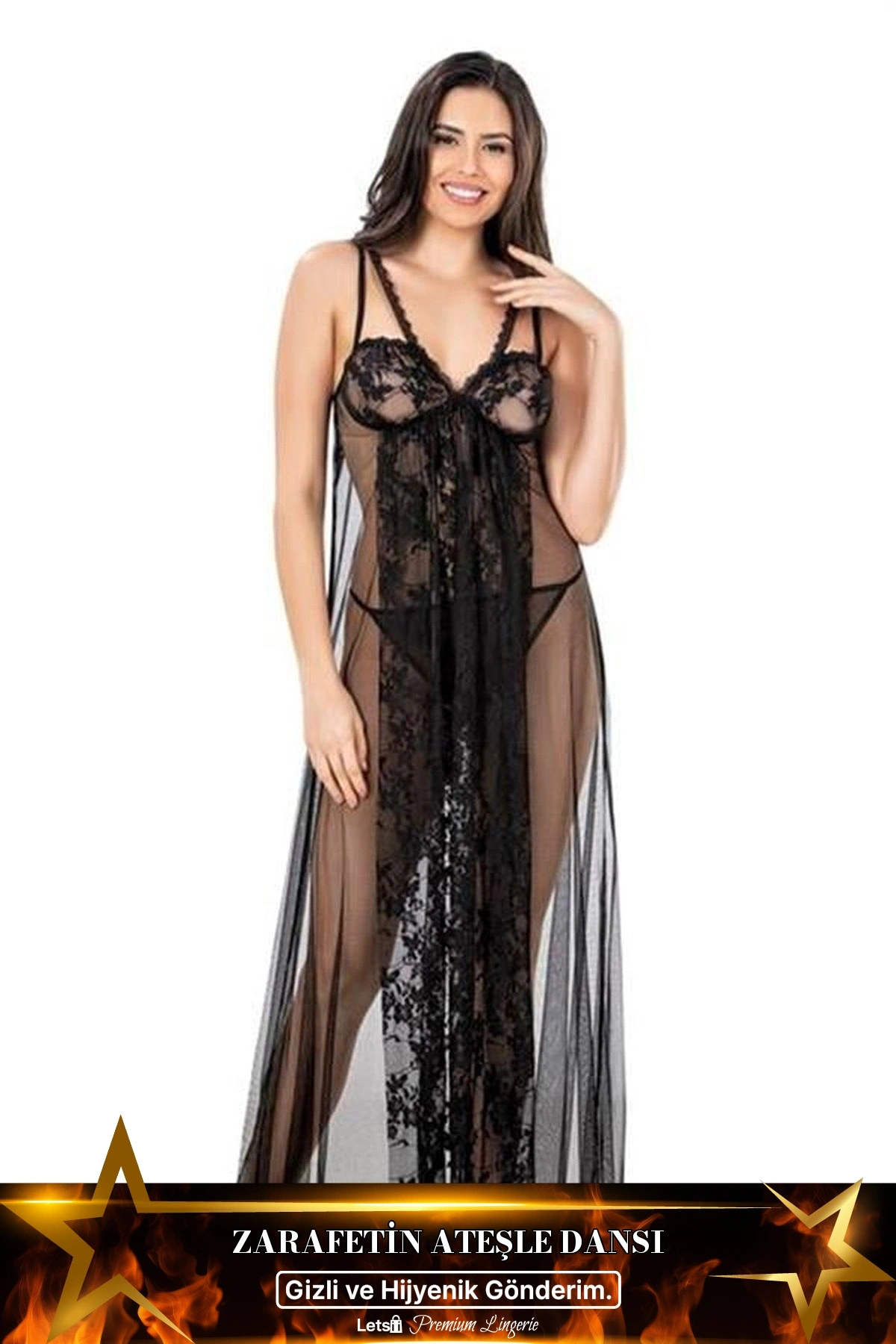 Kısa Tül Gecelik İkili Set Siyah Renk